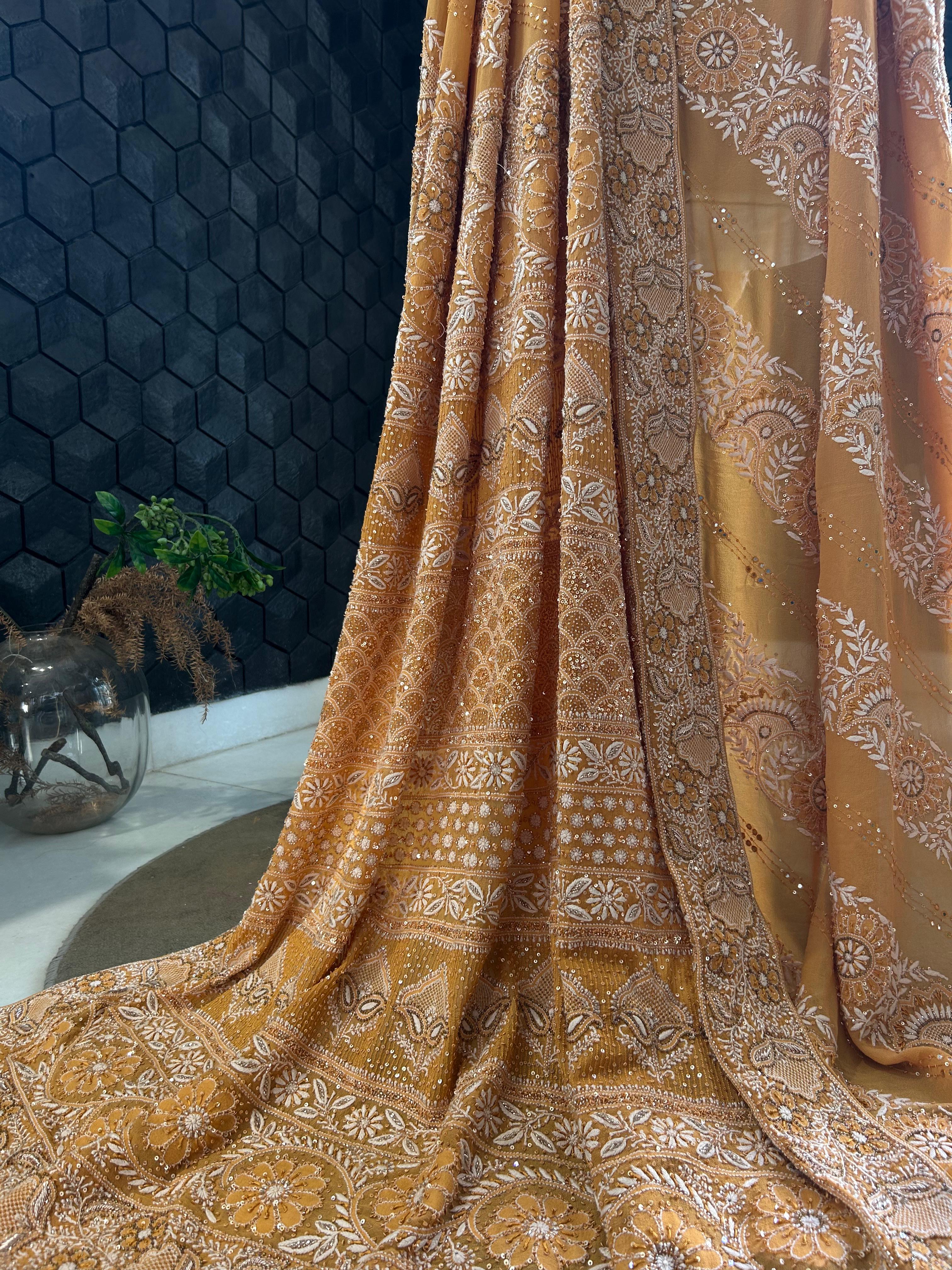 Orange Georgette Chikankari Saree