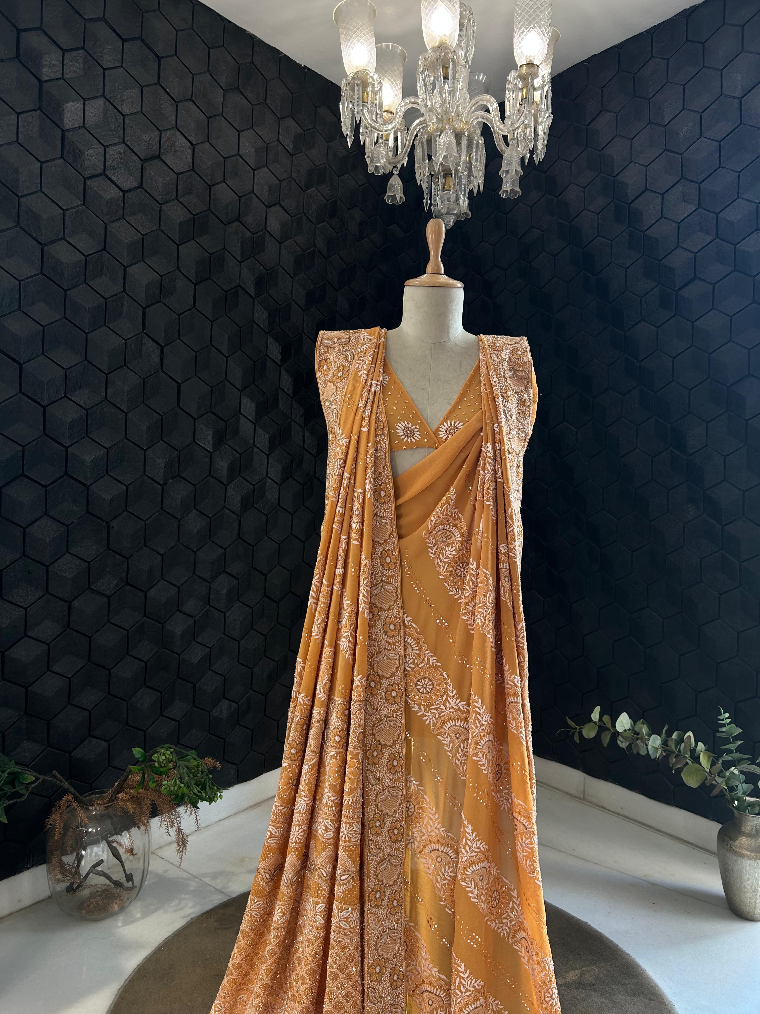 Orange Georgette Chikankari Saree