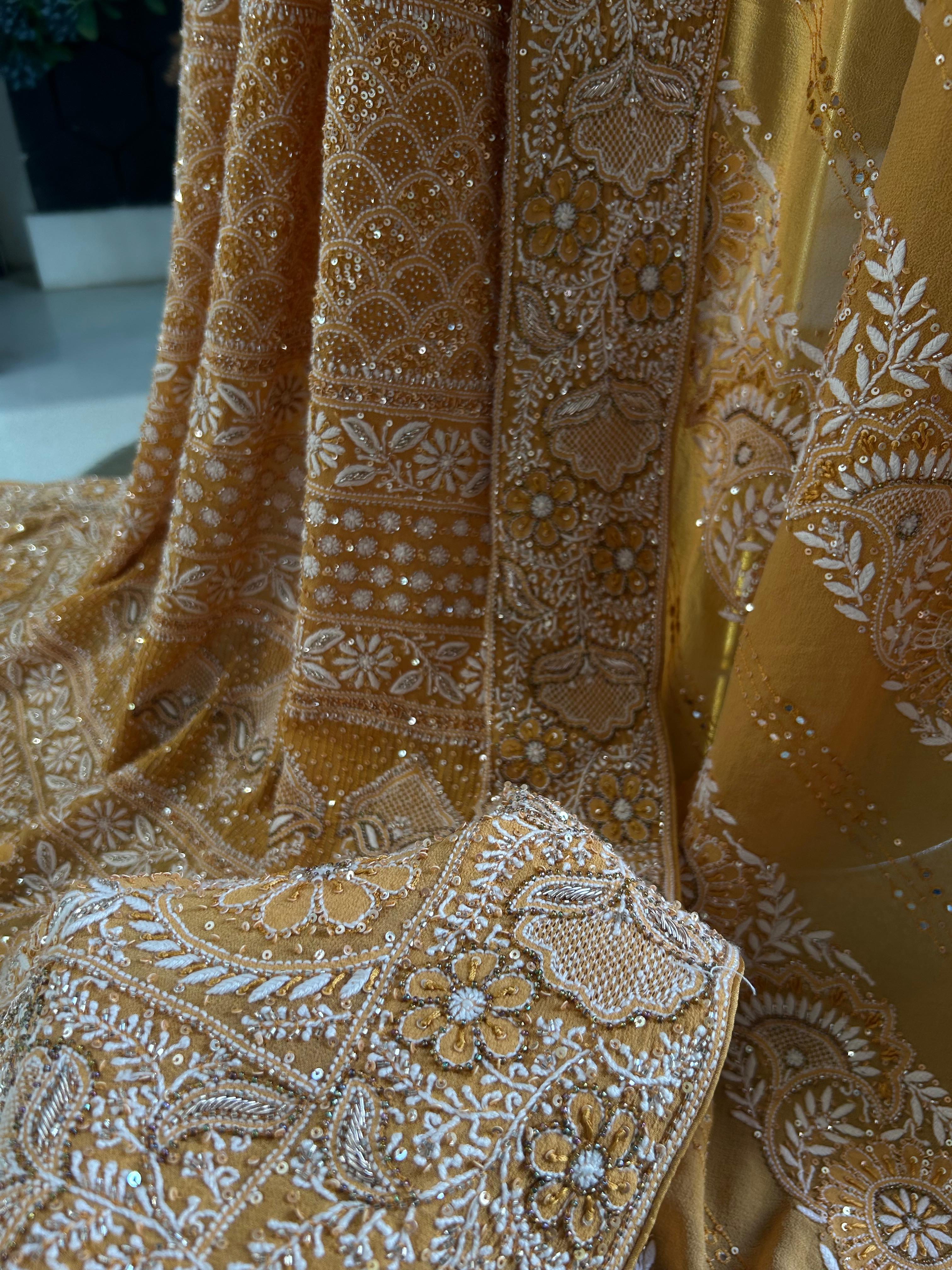 Orange Georgette Chikankari Saree