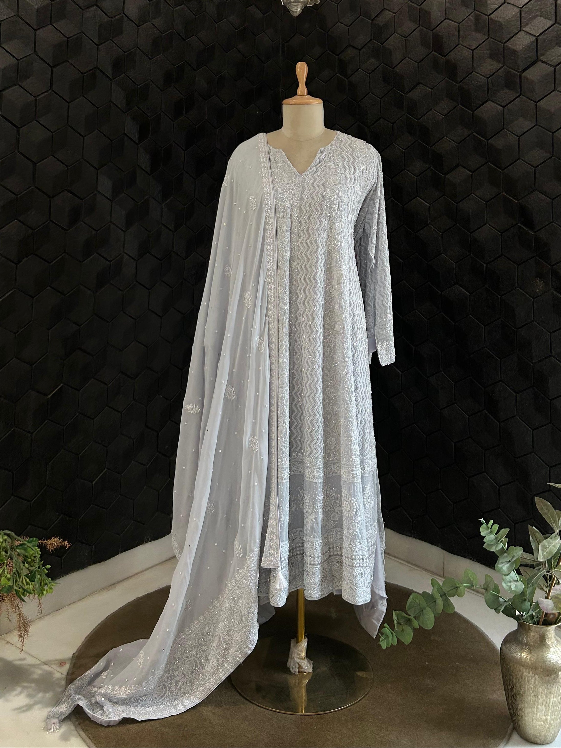 Powder Blue Georgette Chikankari Anarkali Set
