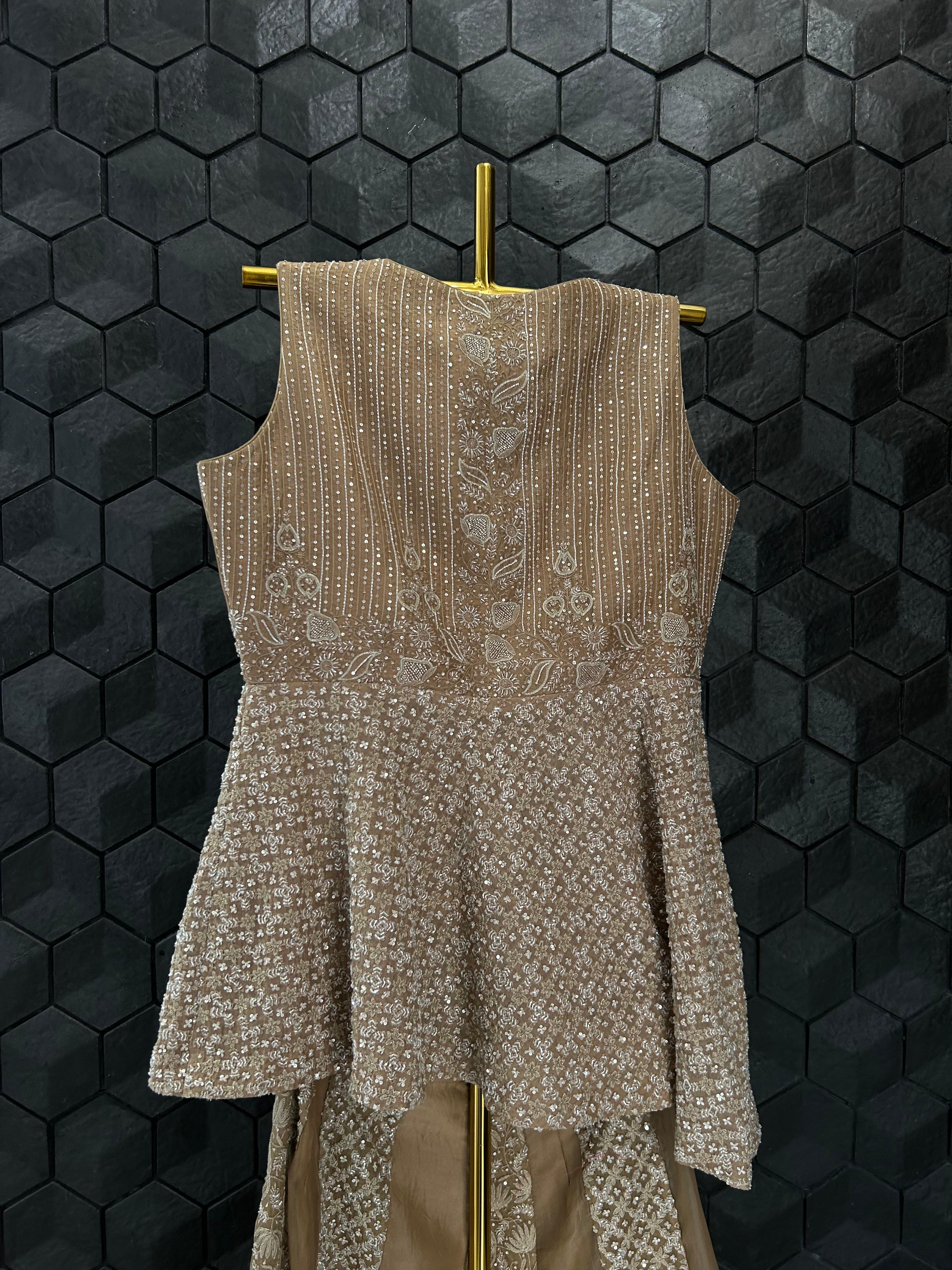 Brown Organza Chikankari Sharara Set