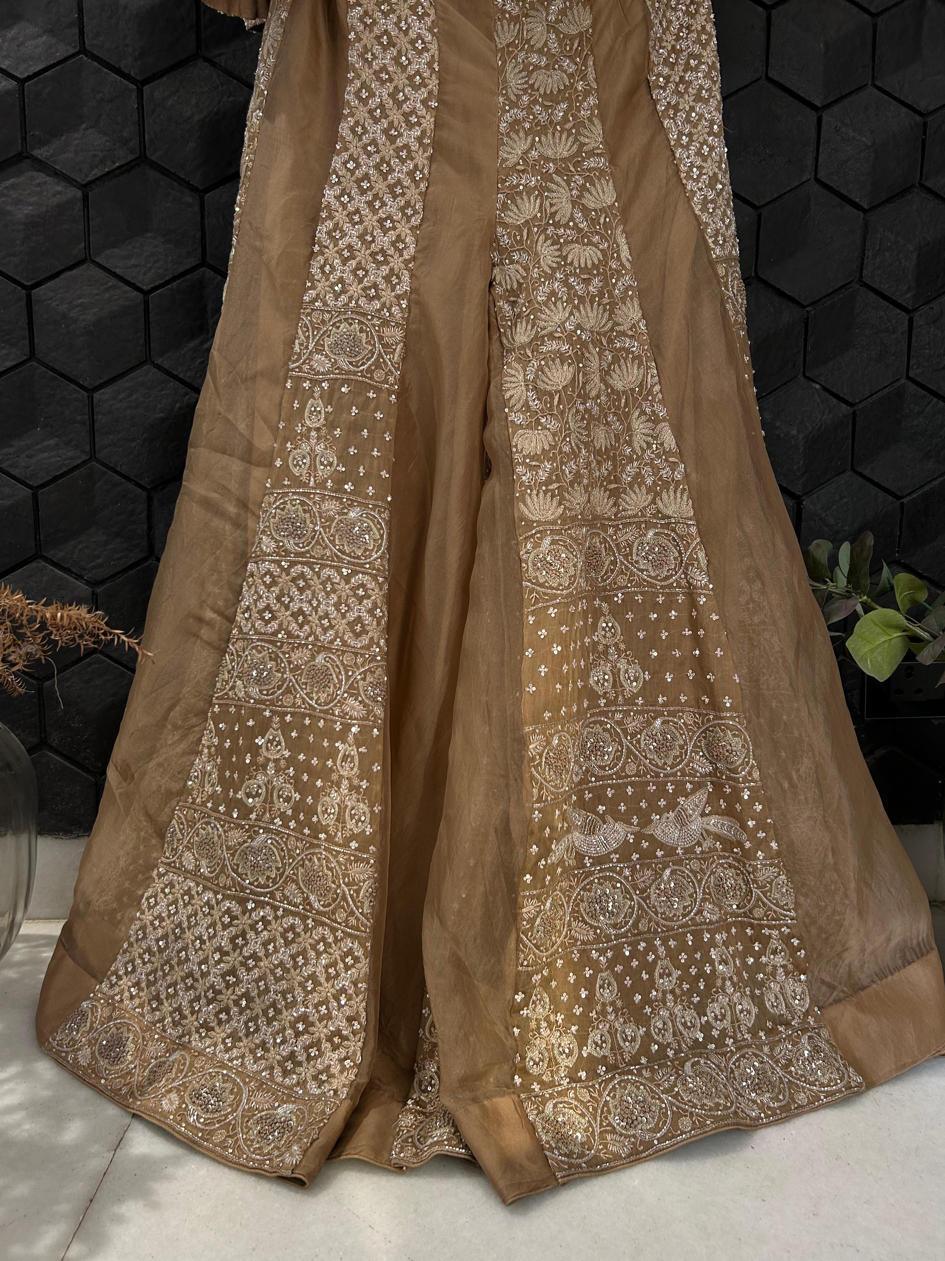 Brown Organza Chikankari Sharara Set