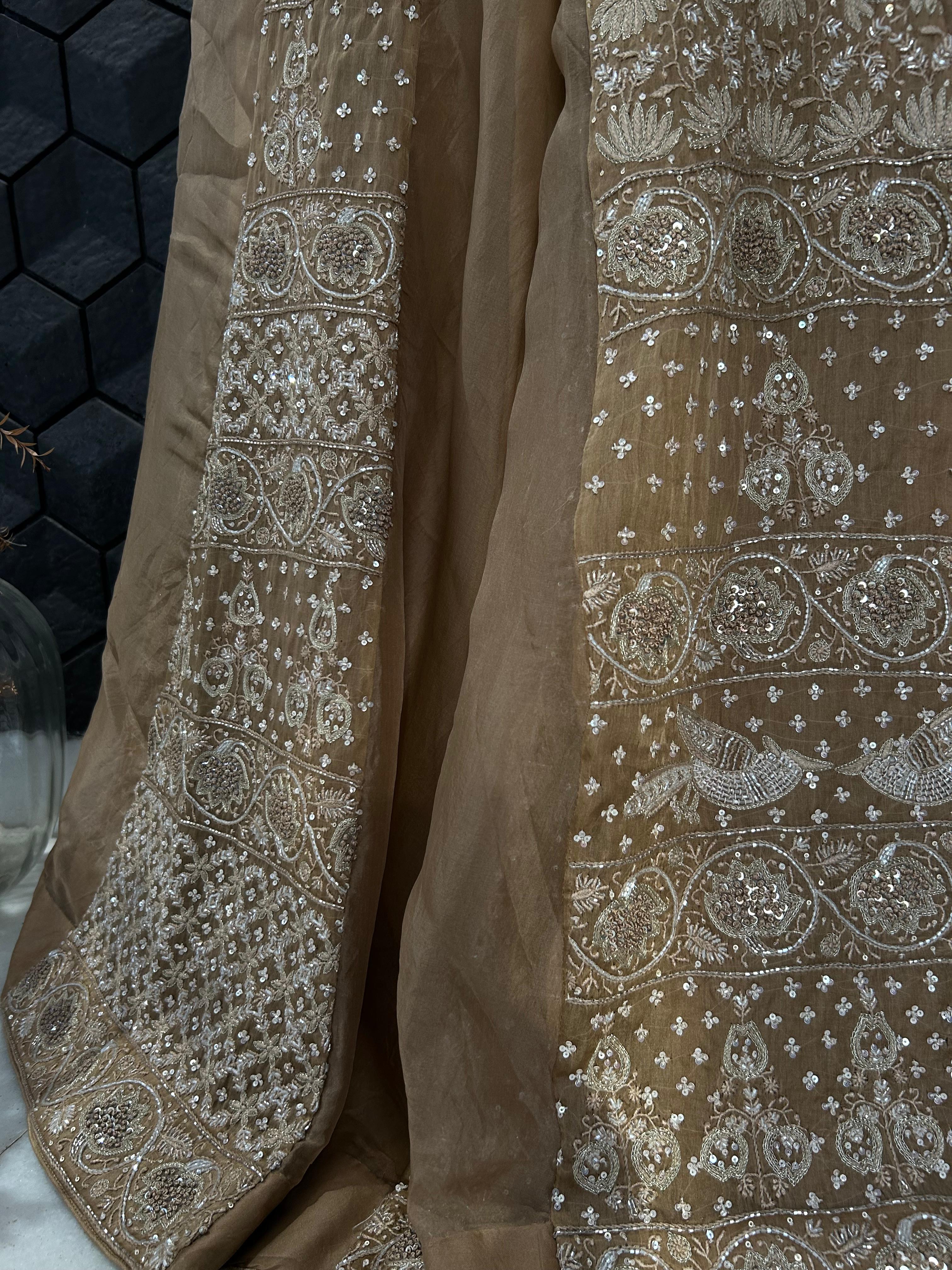 Brown Organza Chikankari Sharara Set