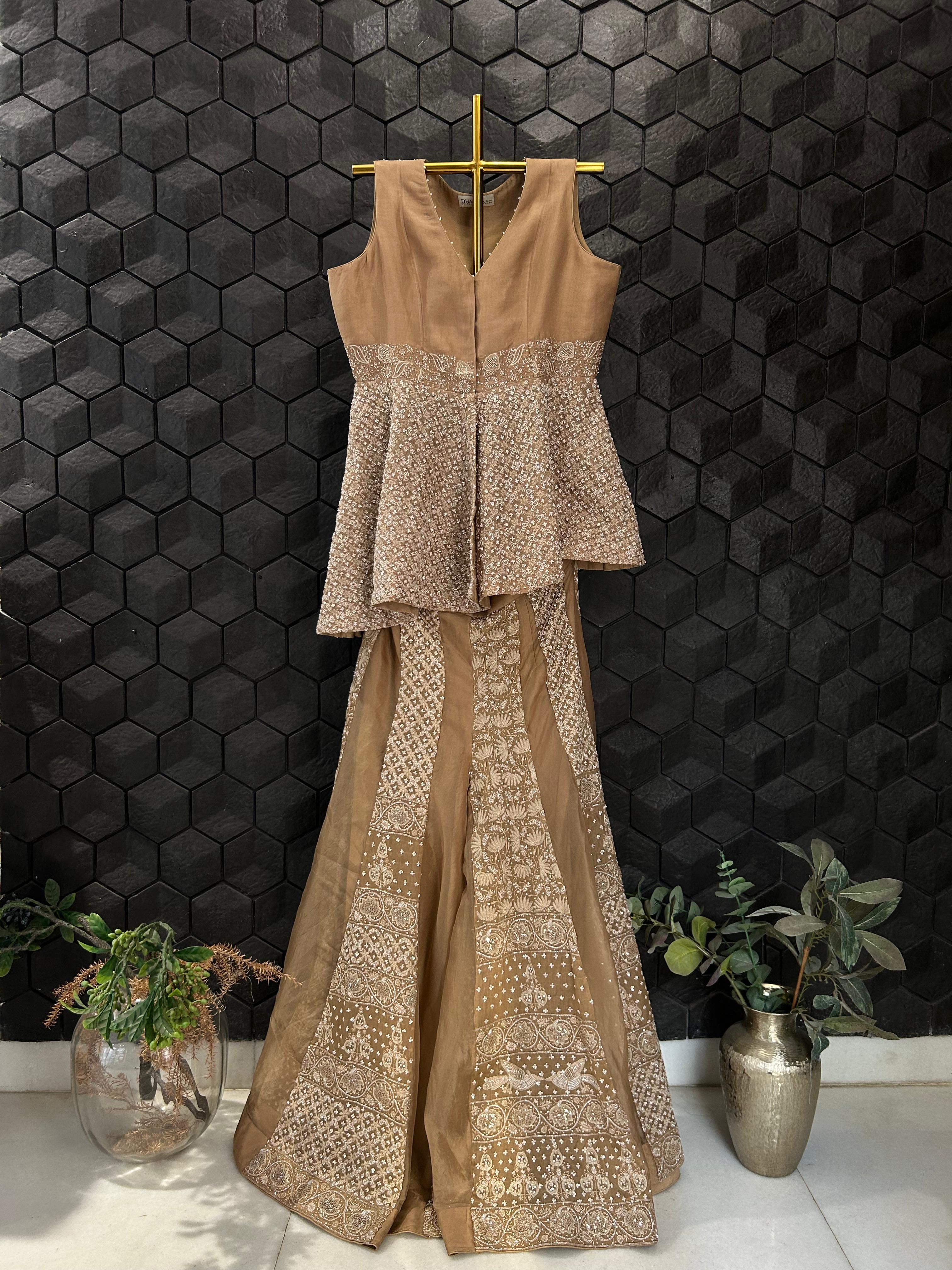 Brown Organza Chikankari Sharara Set