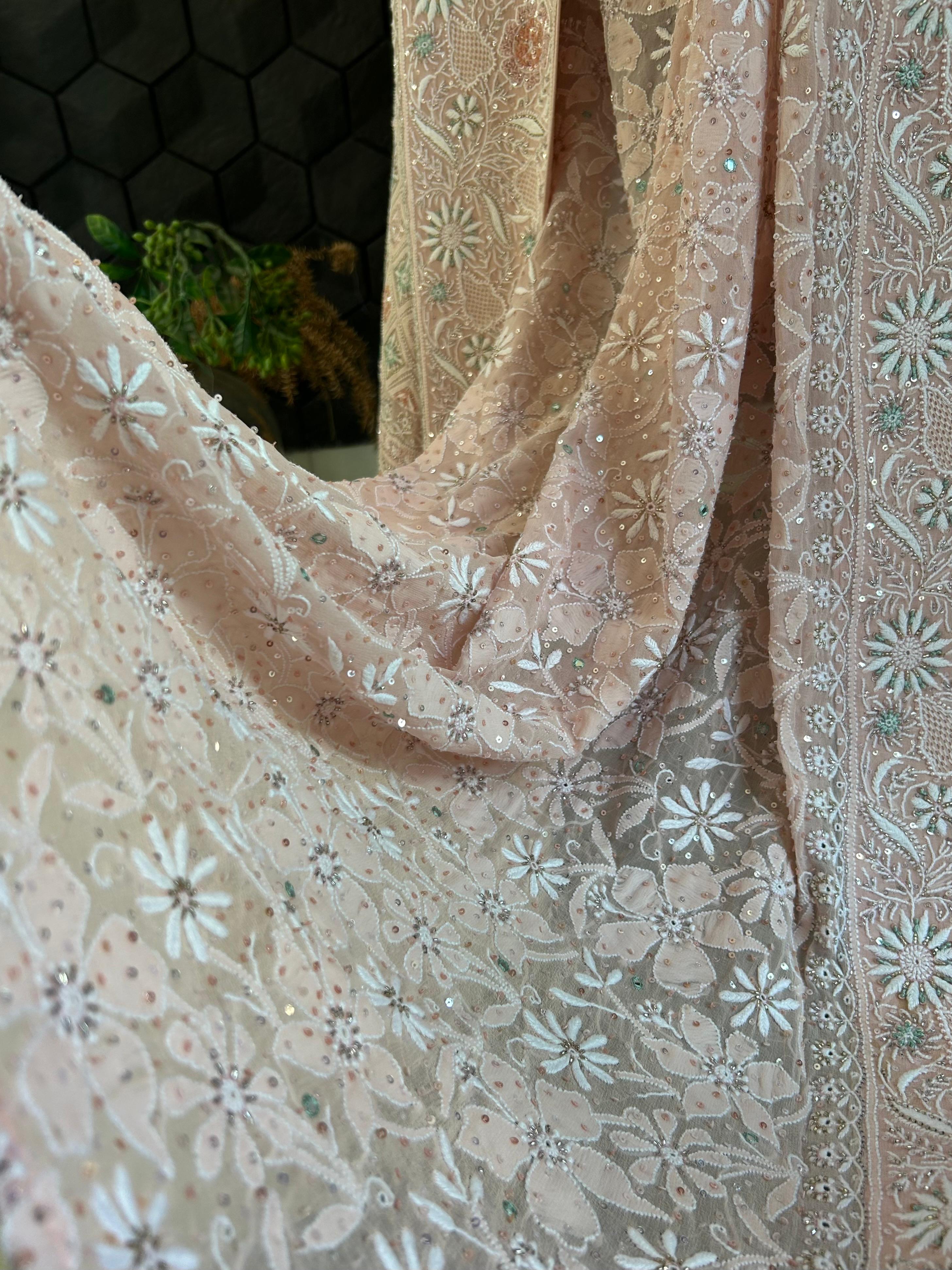 Pink Georgette Do-Taar Chikankari Saree