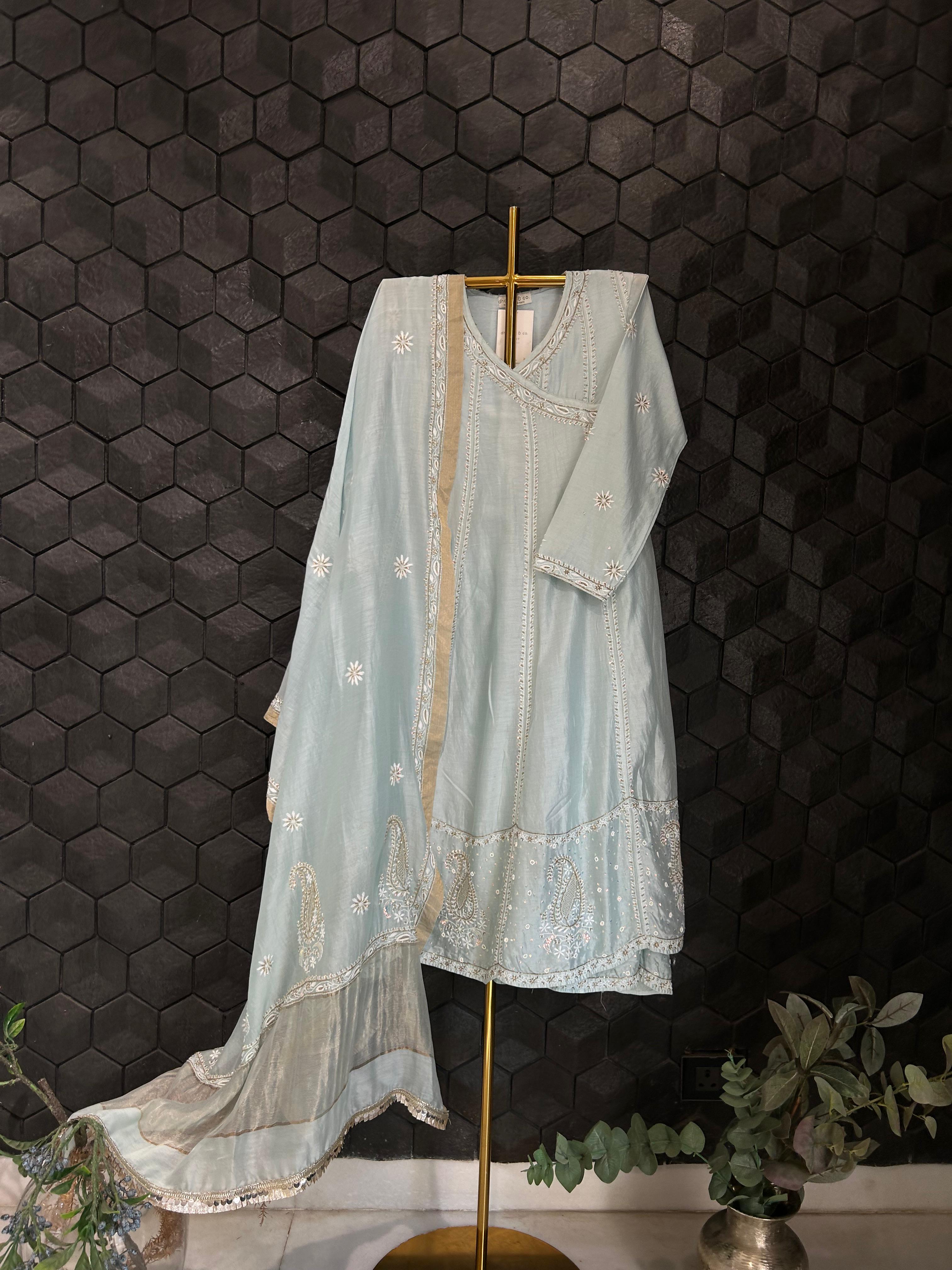 Green Chanderi Chikankari Anarkali Set