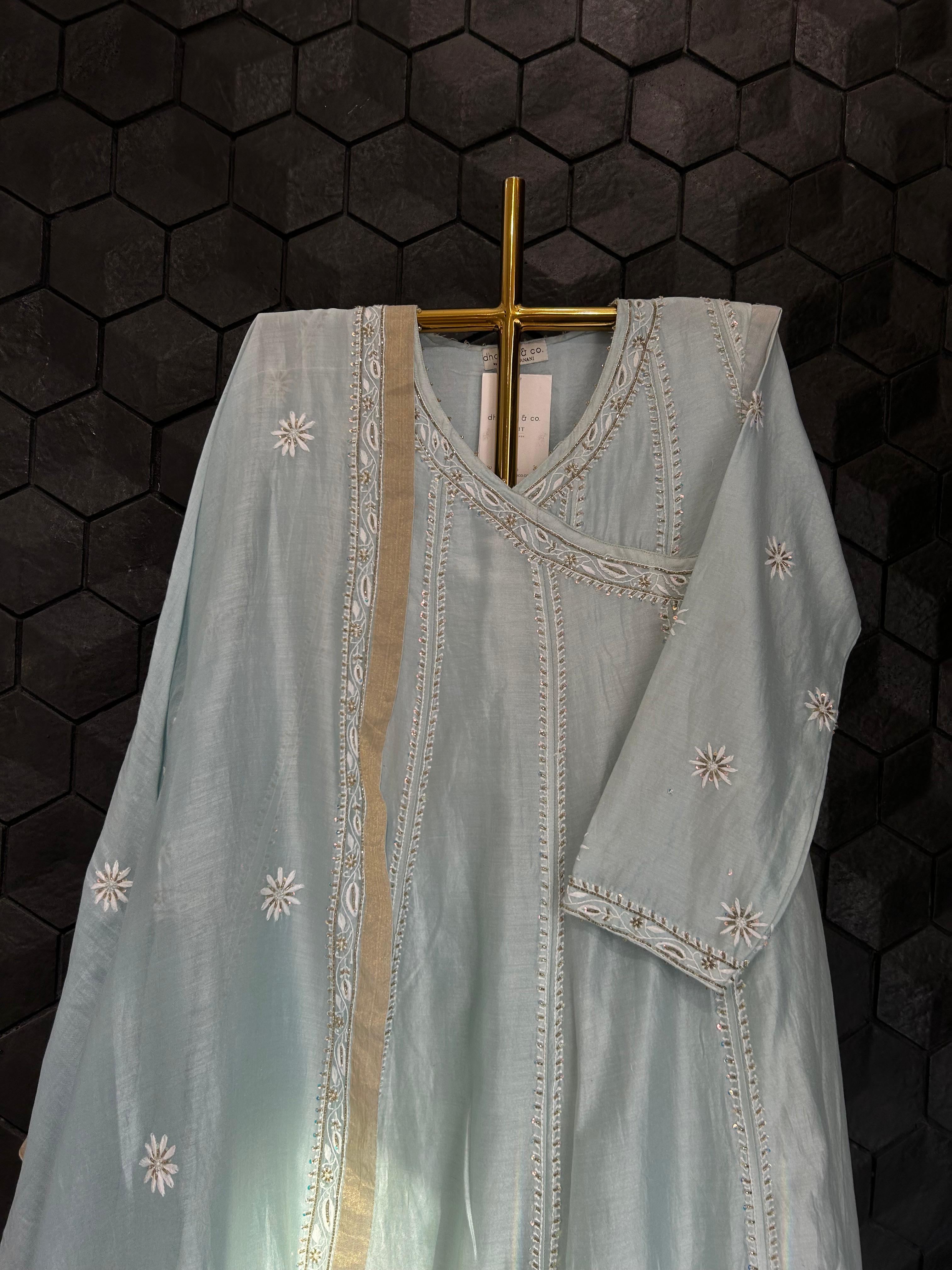 Green Chanderi Chikankari Anarkali Set