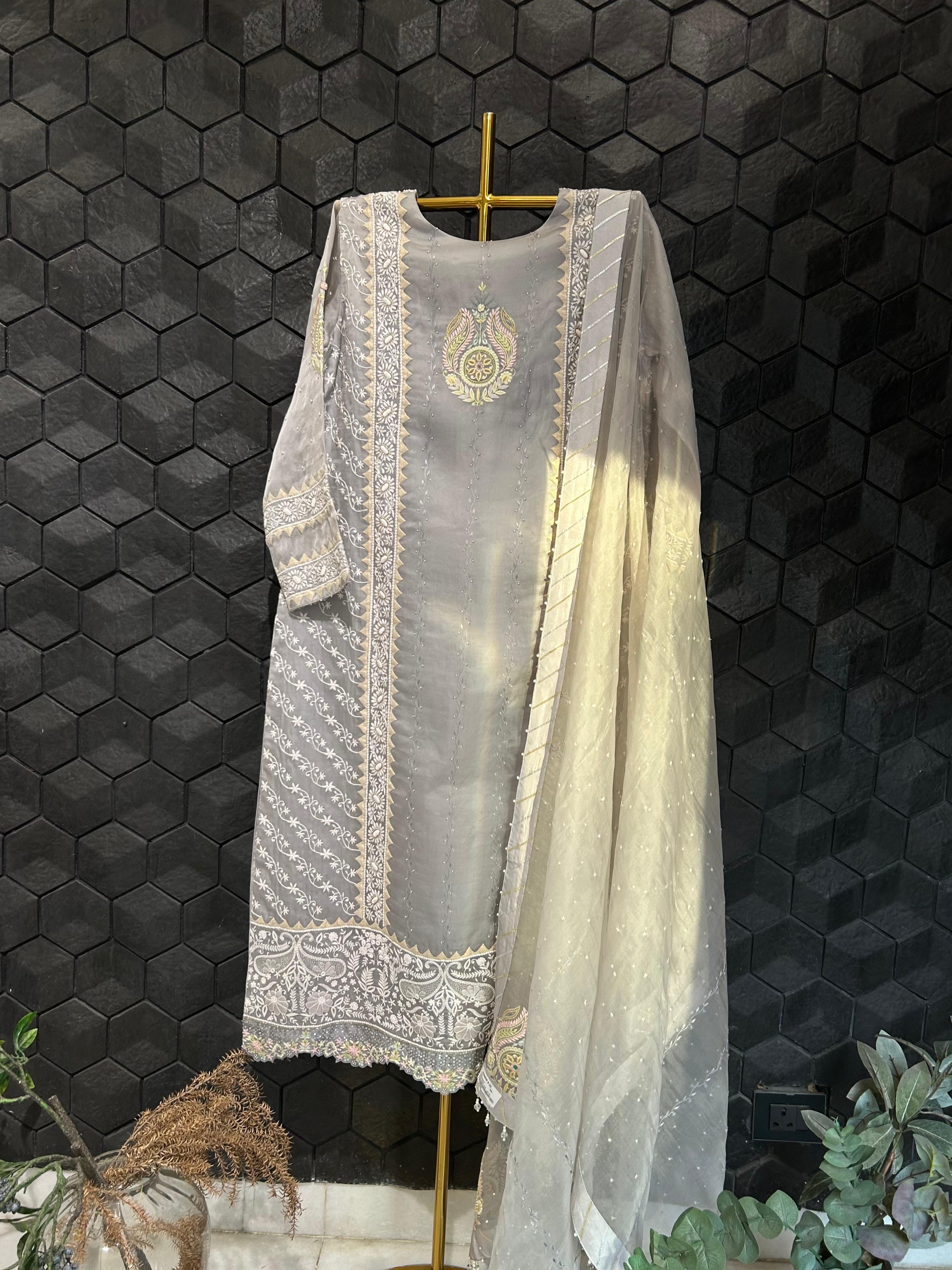 Grey Organza Chikankari Kurta Set