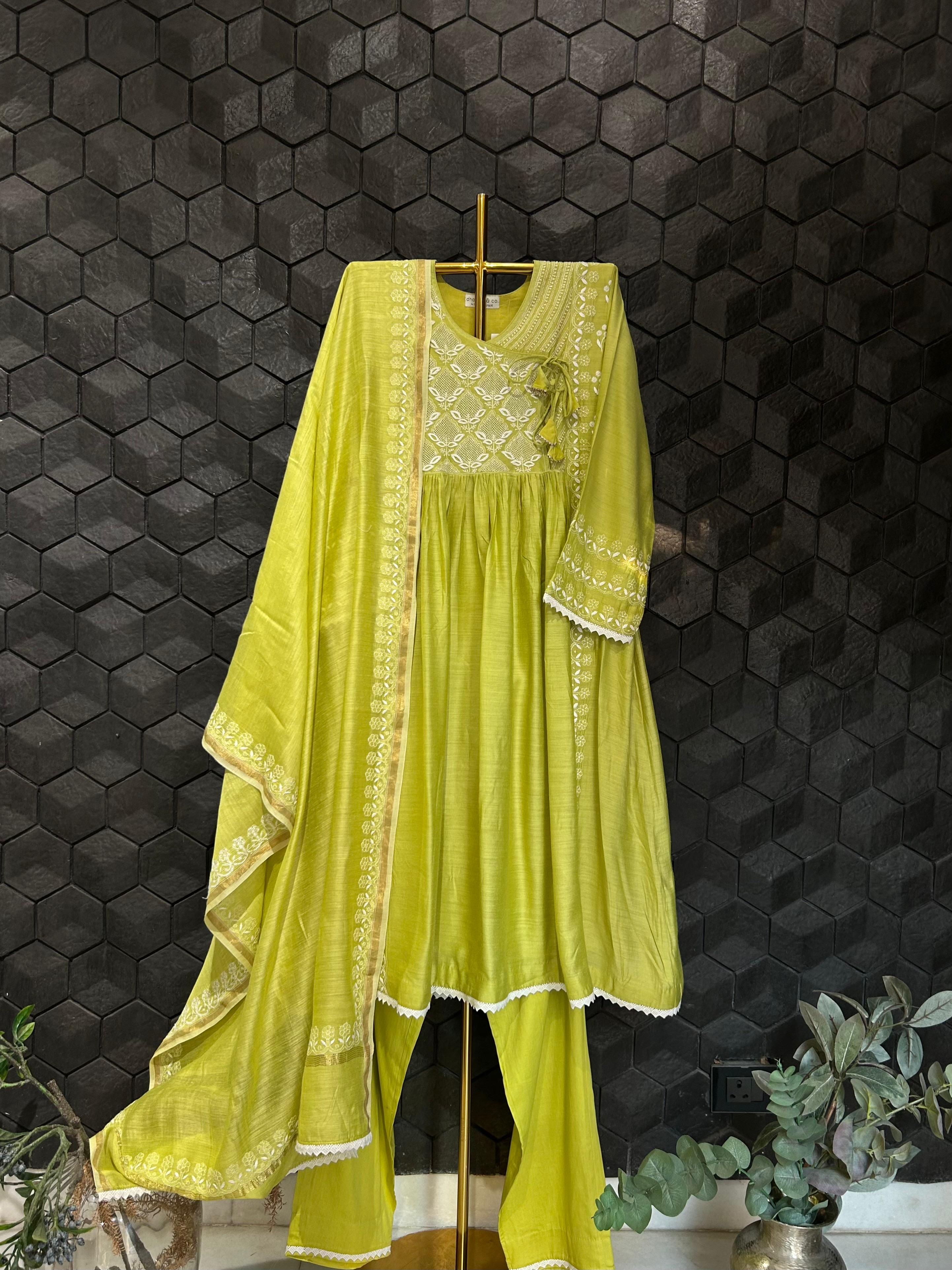 Green Moonga Slik Chikankari Angarkha Suit Set