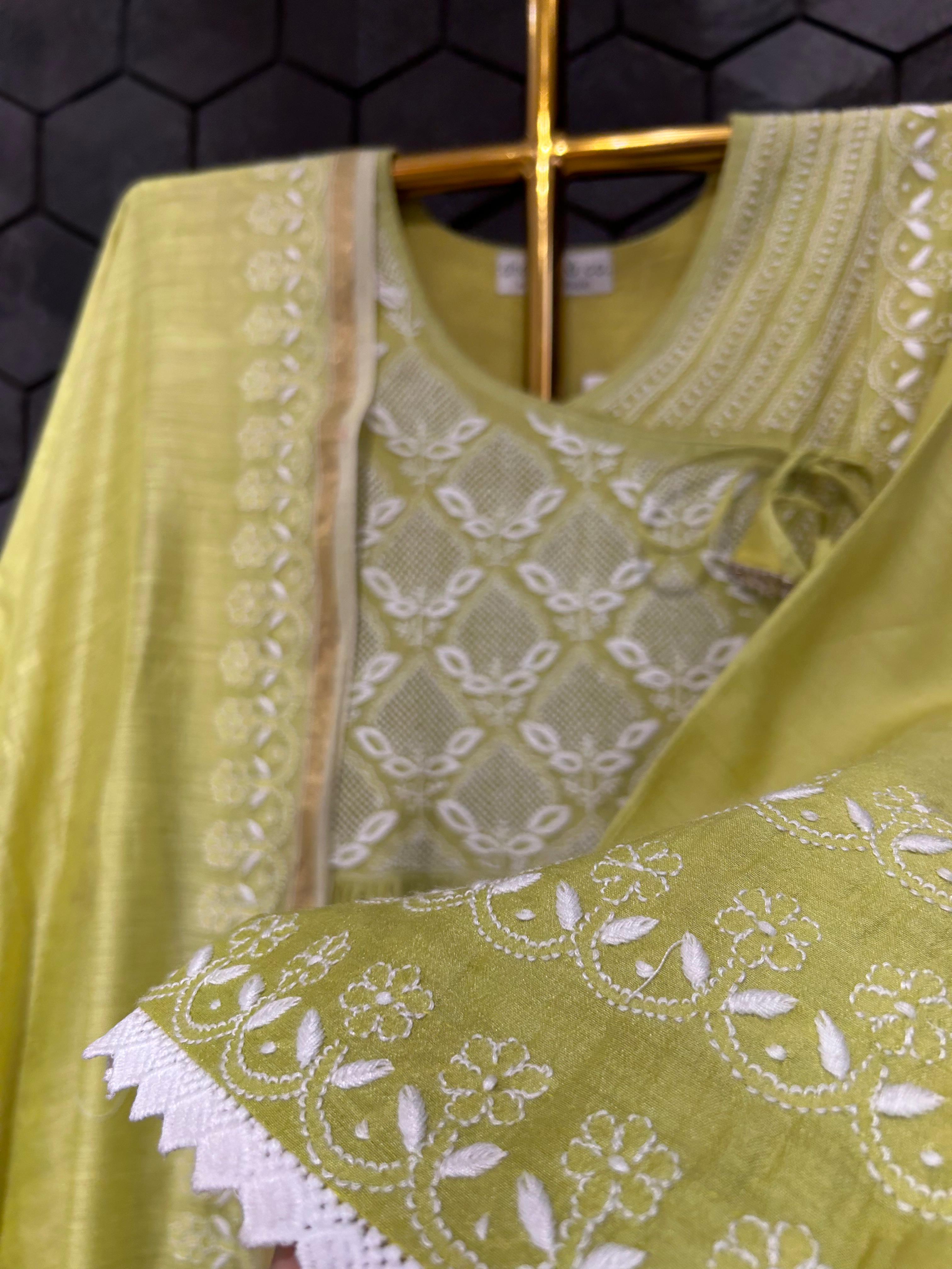 Green Moonga Slik Chikankari Angarkha Suit Set