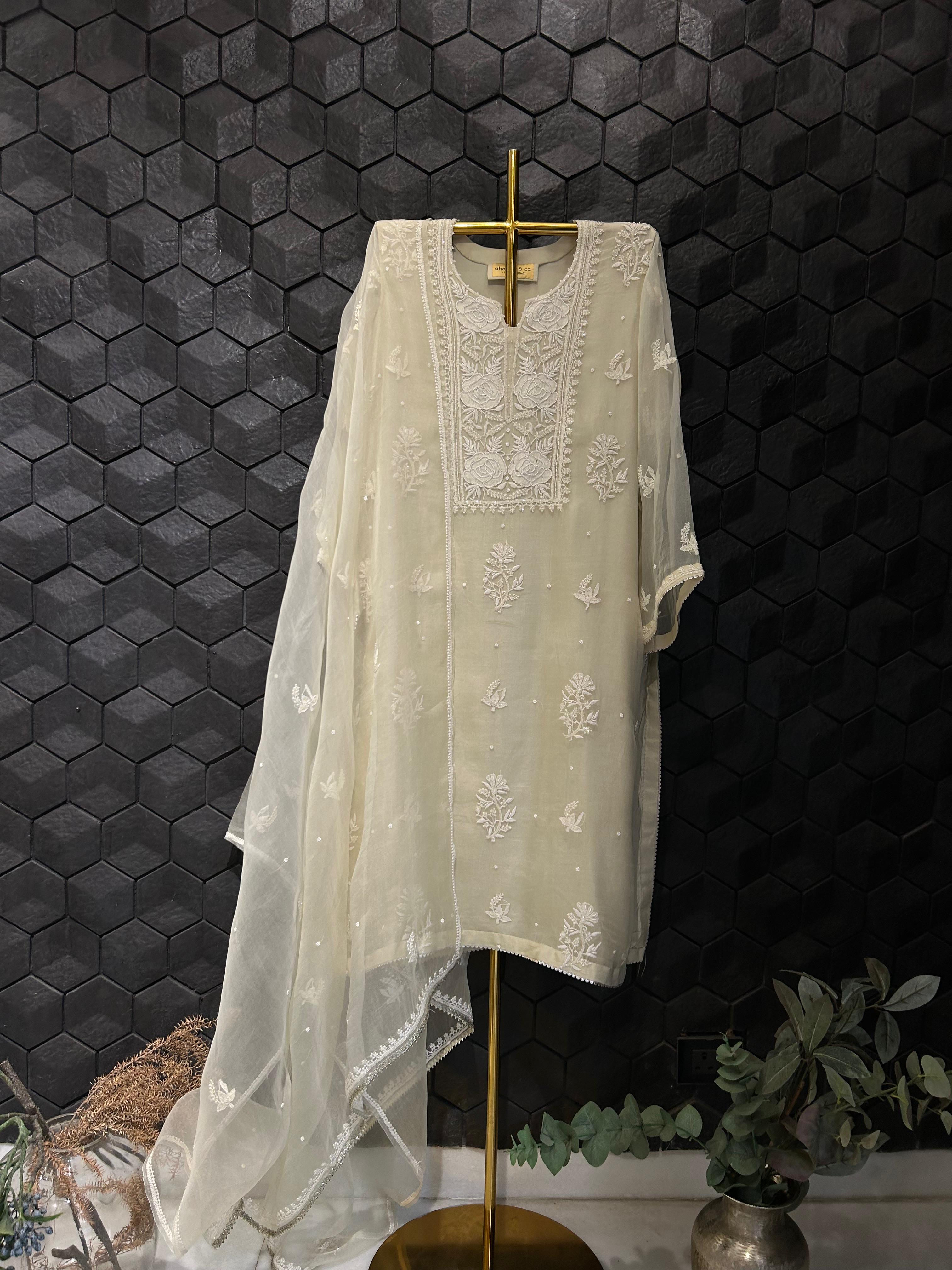 Ivory Organza Chikankari Kurta Set