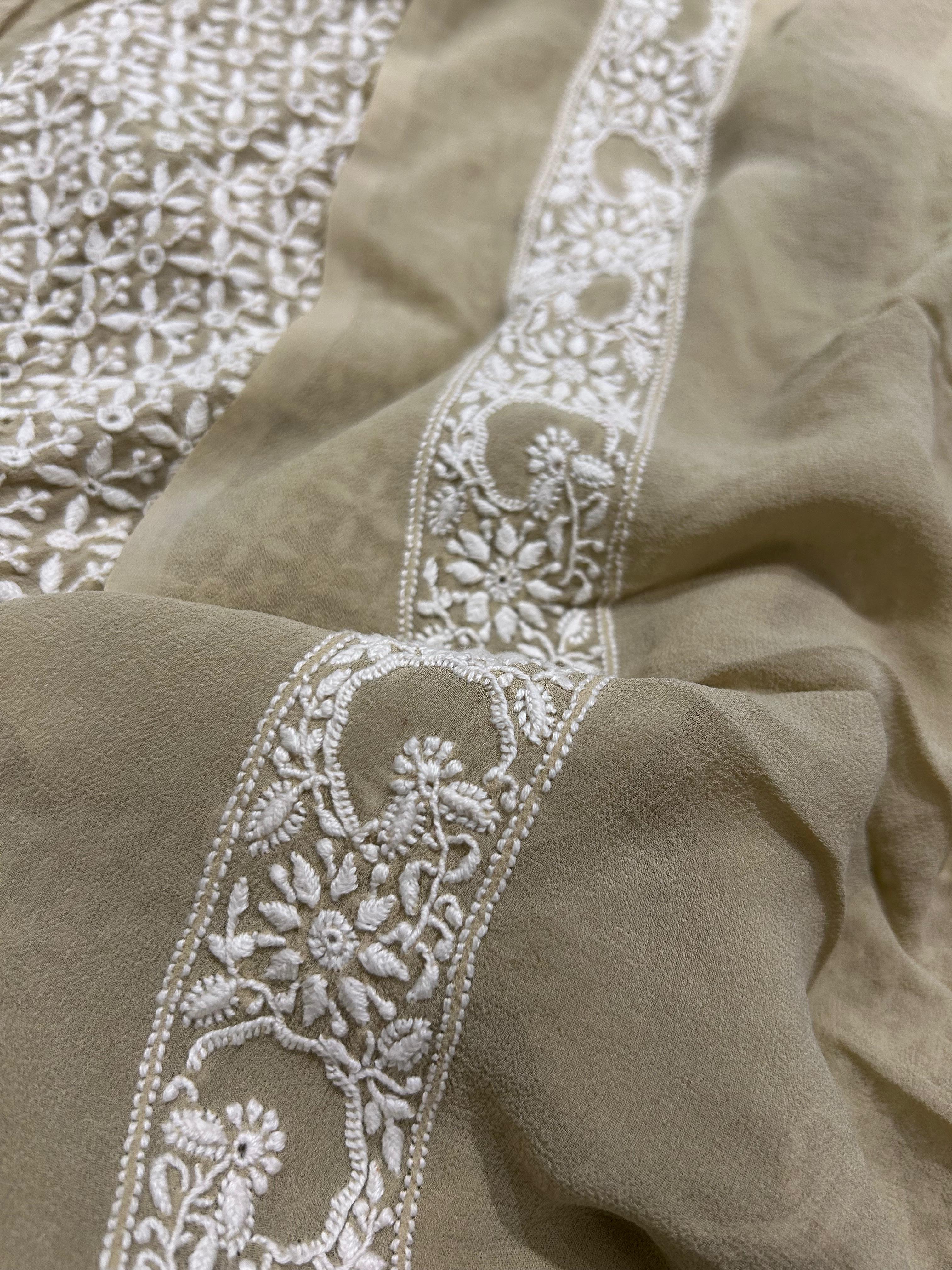 Beige Georgette Chikankari Mens Kurta