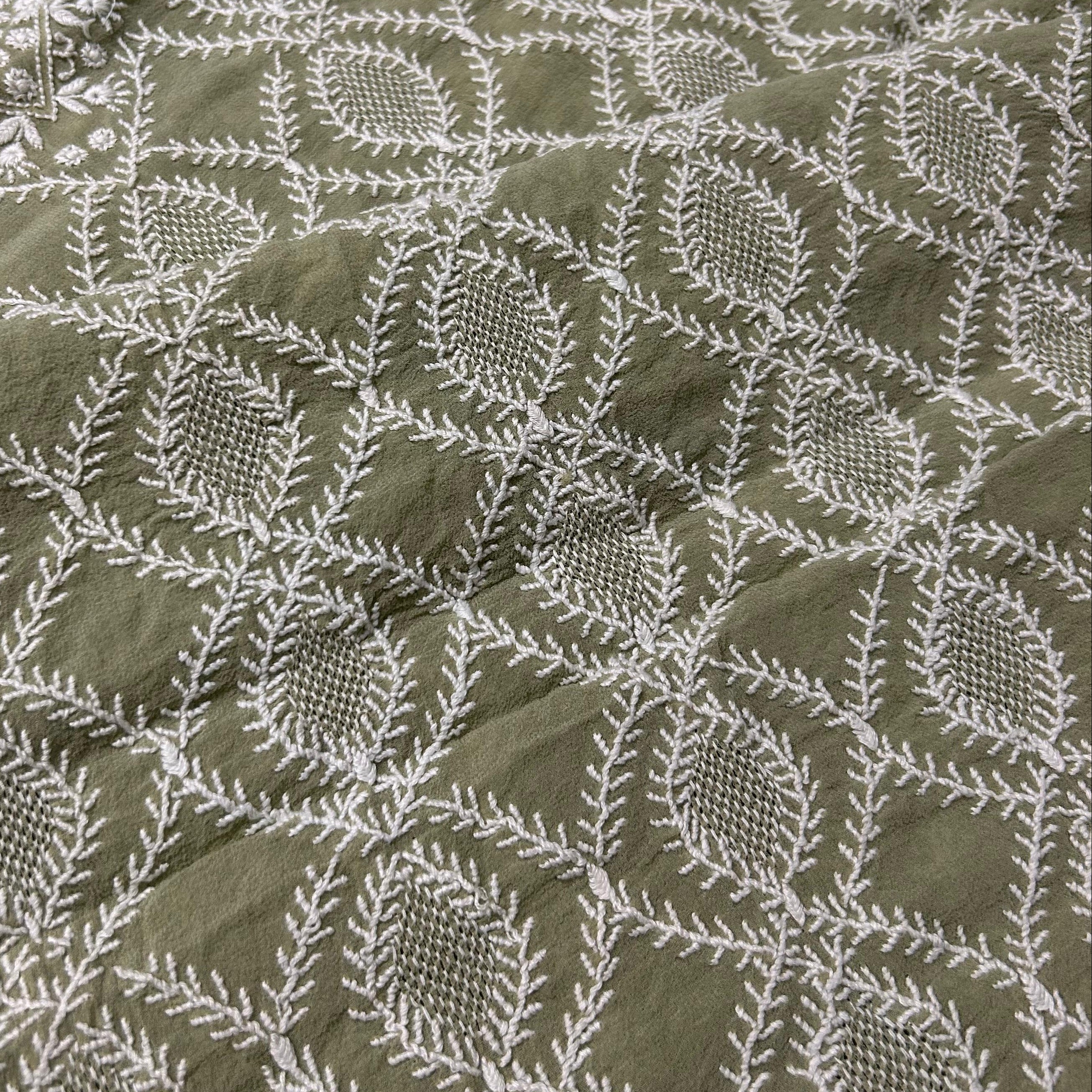 Olive Green Georgette Chikankari Mens Kurta with statement jaali