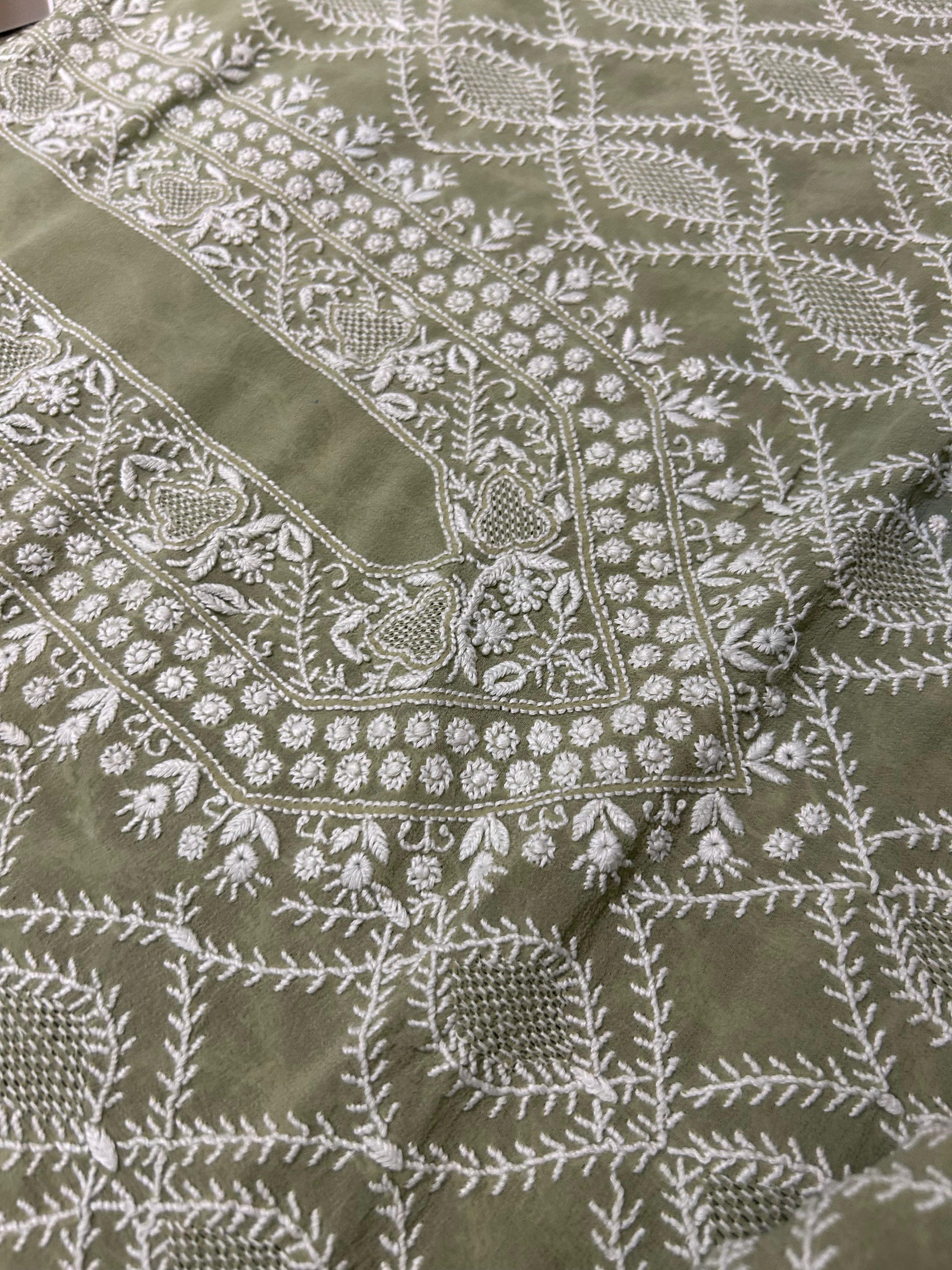 Olive Green Georgette Chikankari Mens Kurta