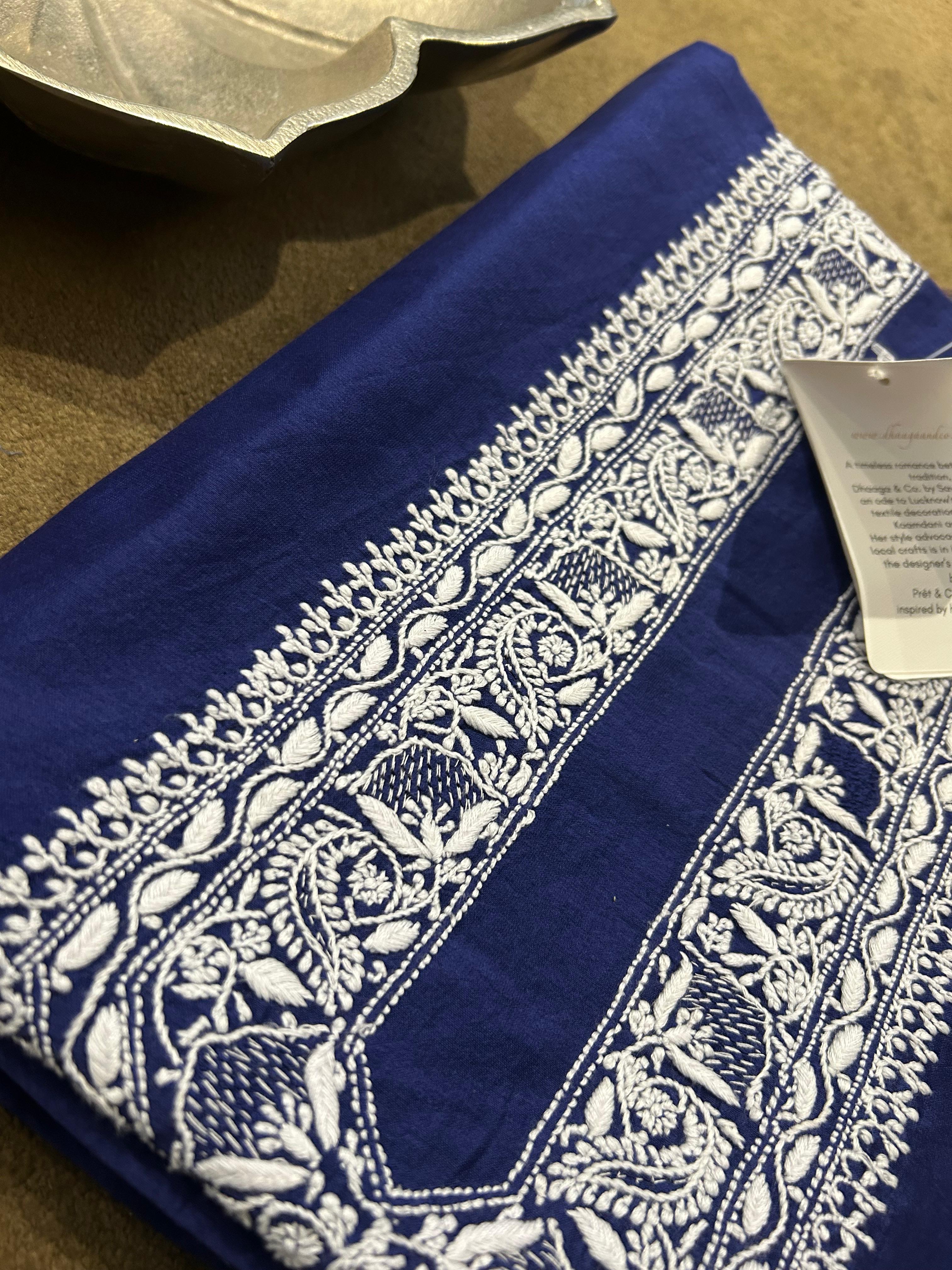 Cobalt Blue Mens Chanderi Chikankari Kurta