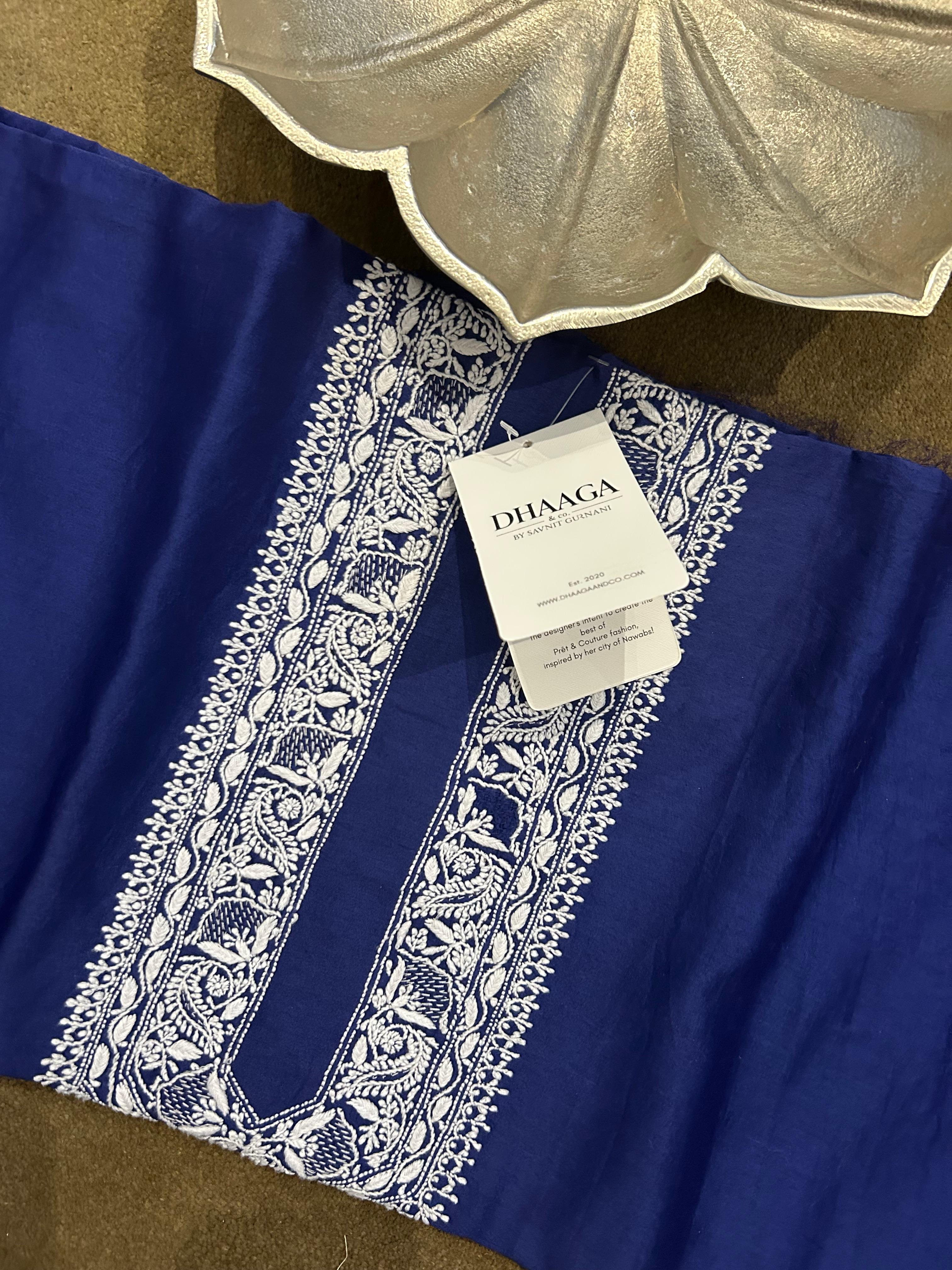 Cobalt Blue Mens Chanderi Chikankari Kurta