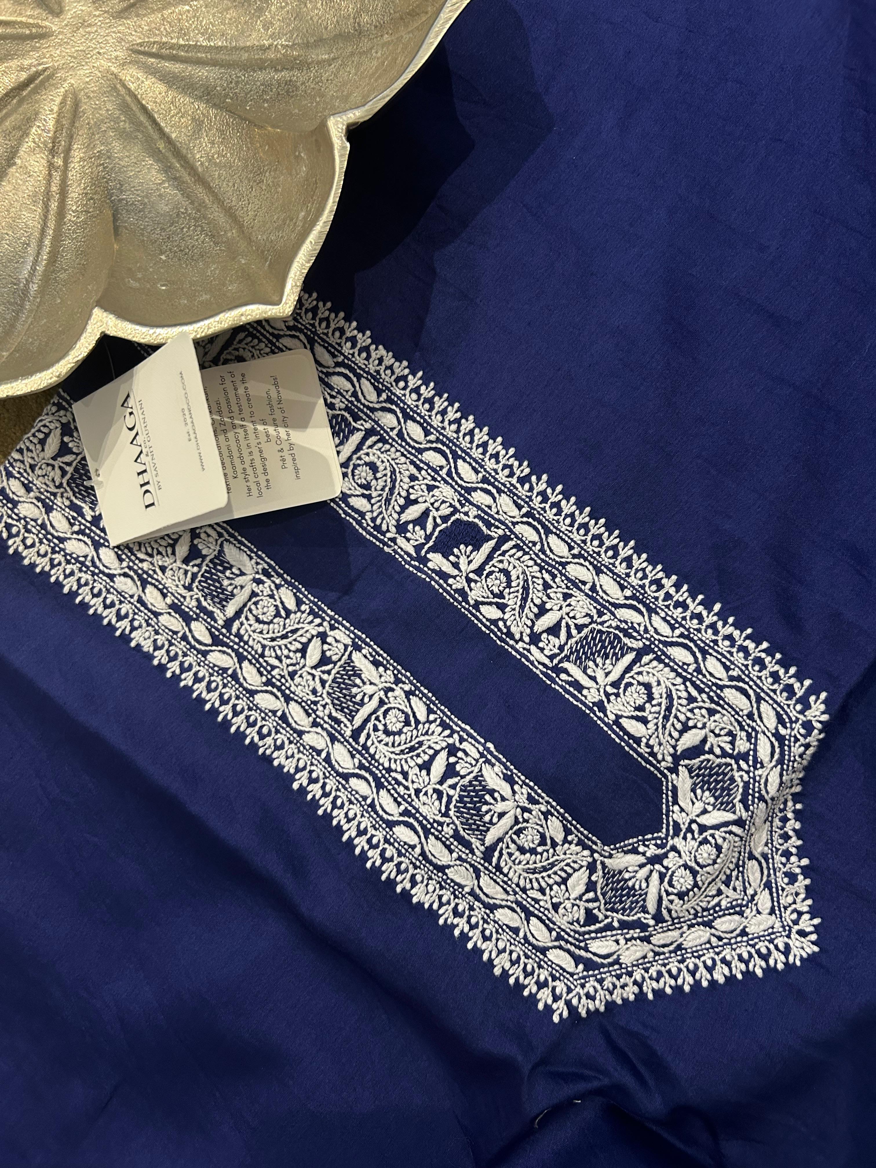 Cobalt Blue Mens Chanderi Chikankari Kurta