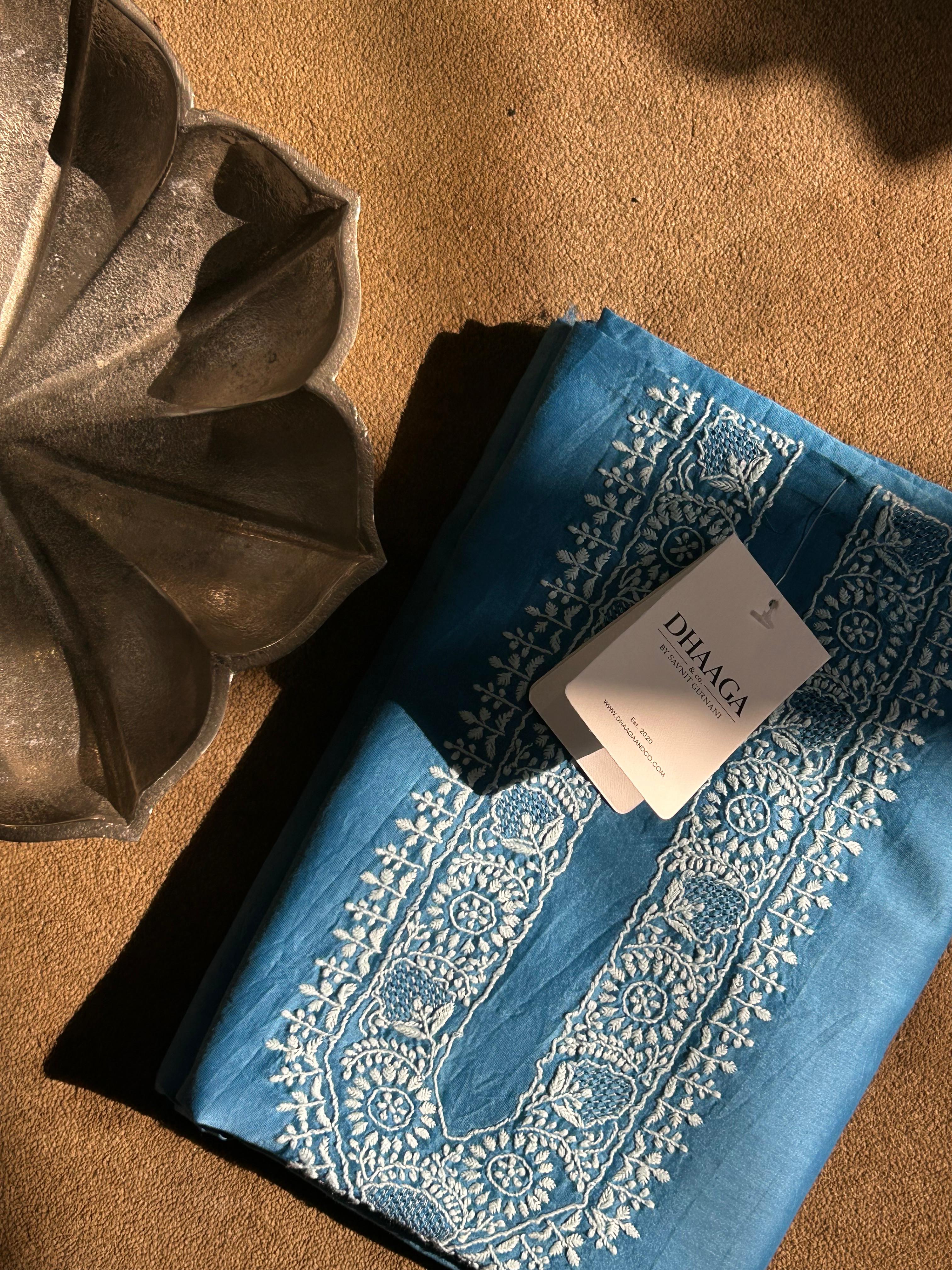 Blue Mens Chanderi Chikankari Kurta