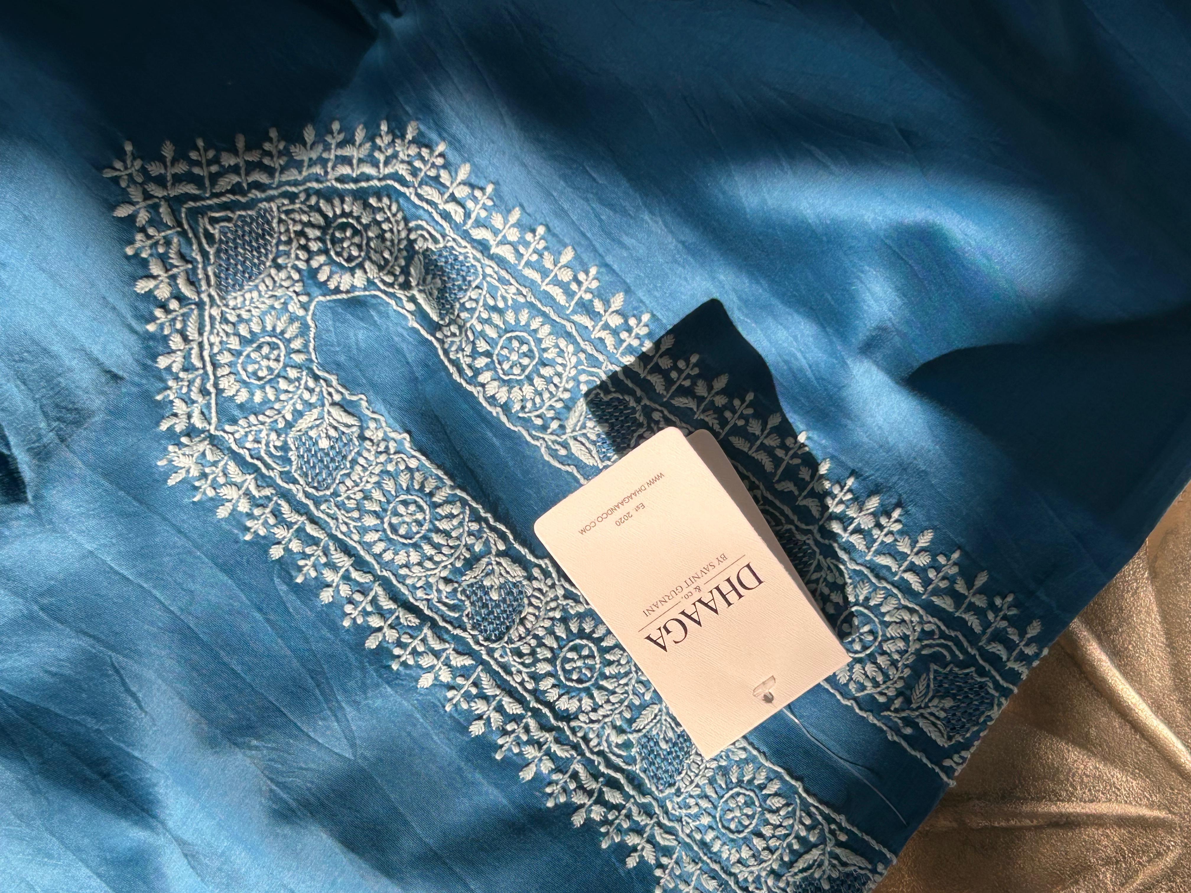 Blue Mens Chanderi Chikankari Kurta