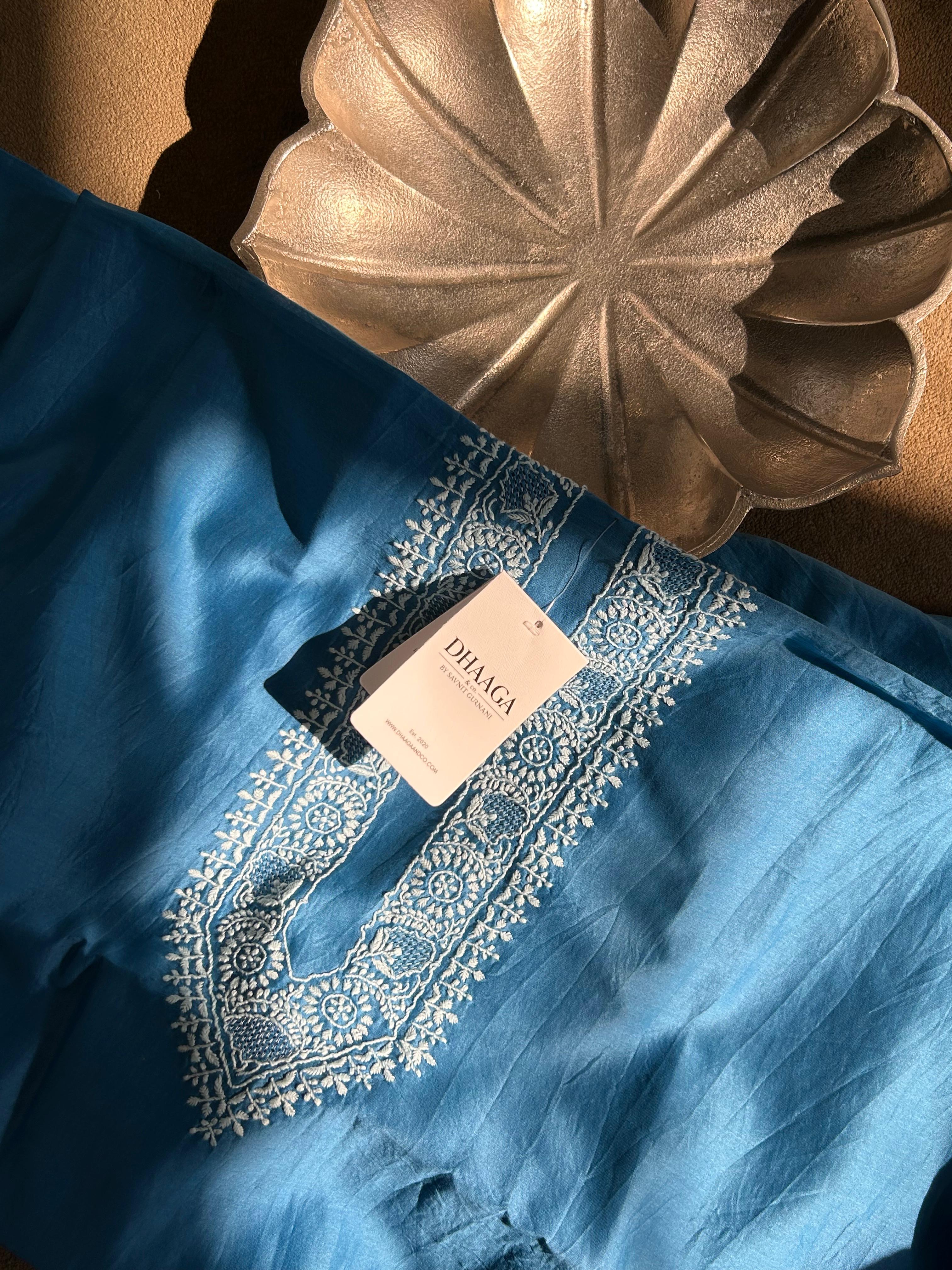 Blue Mens Chanderi Chikankari Kurta