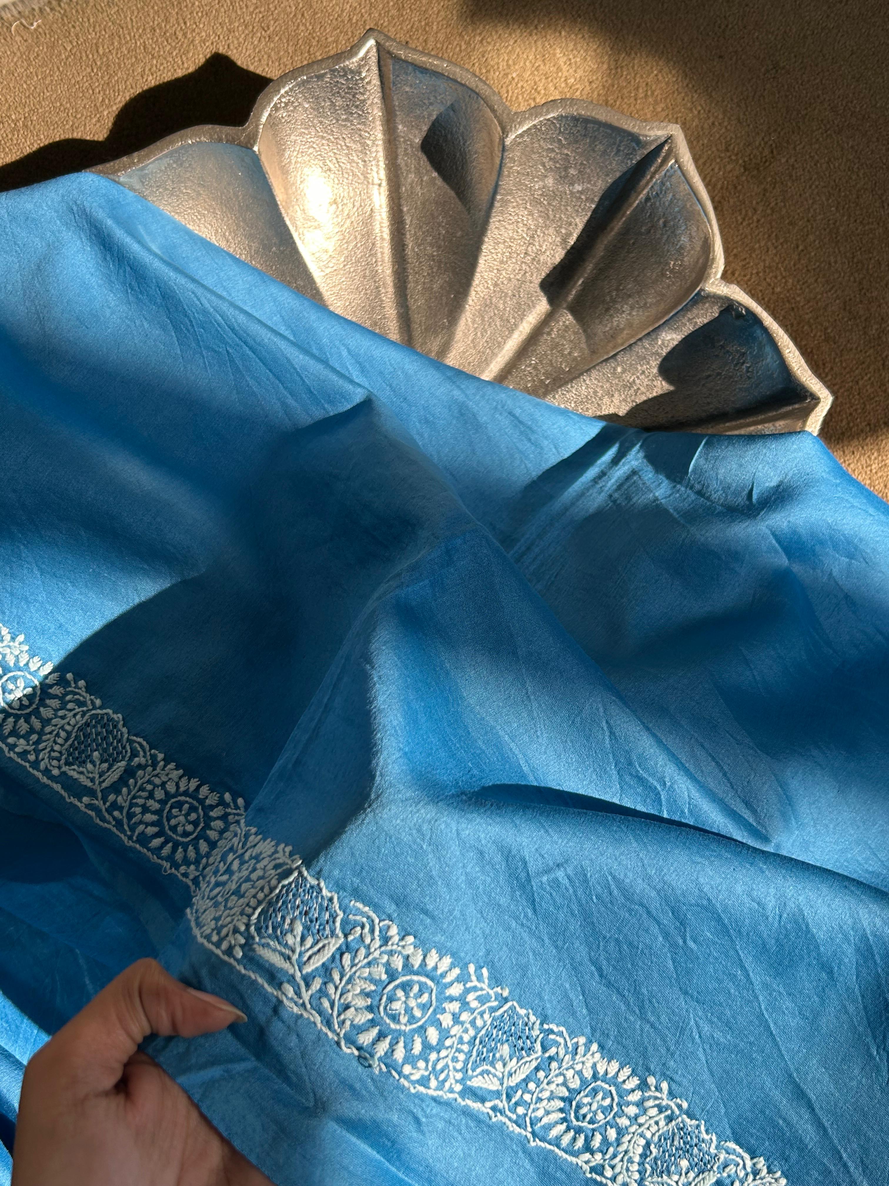 Blue Mens Chanderi Chikankari Kurta