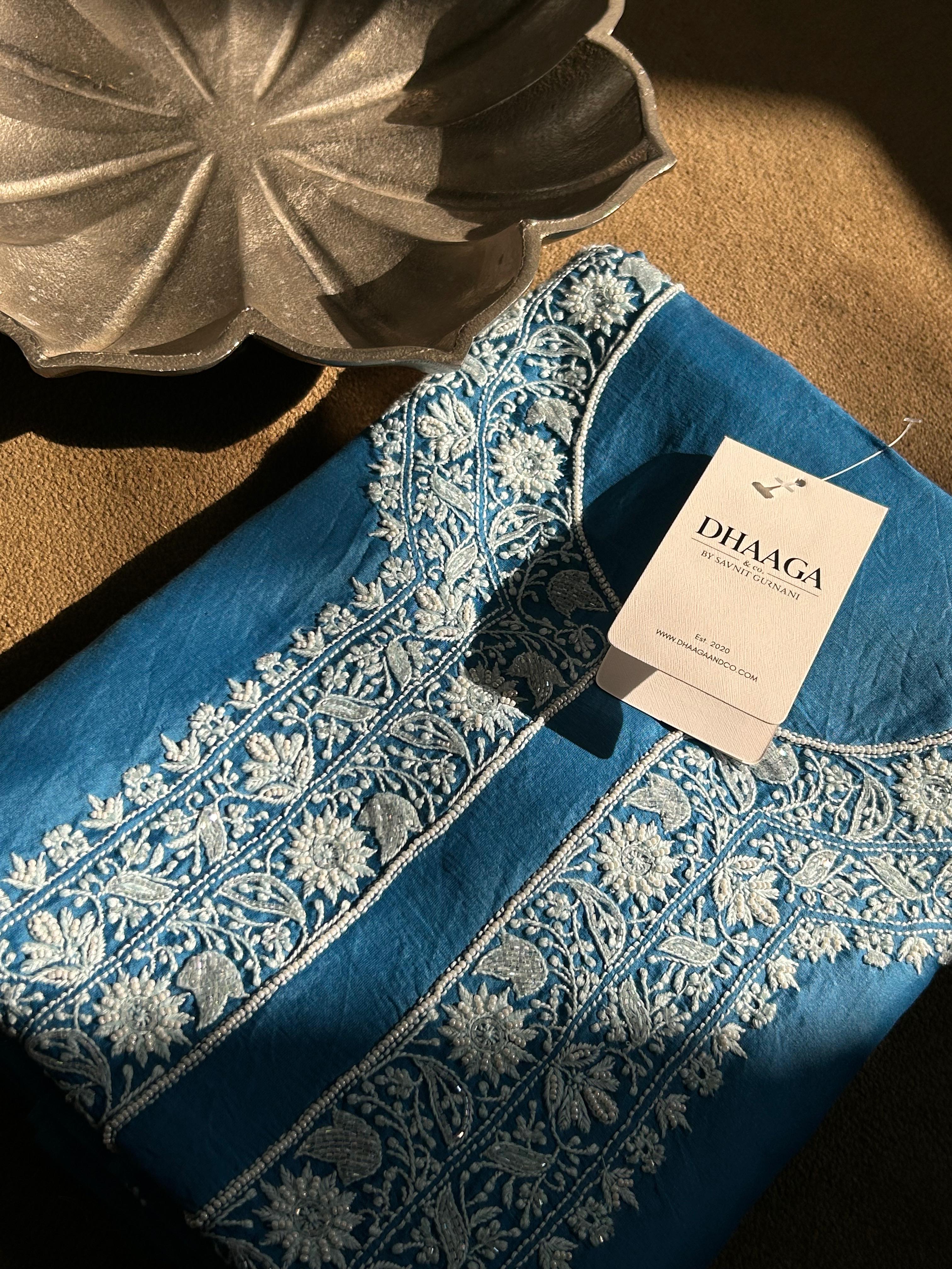 Blue Mens Chanderi Chikankari Kurta