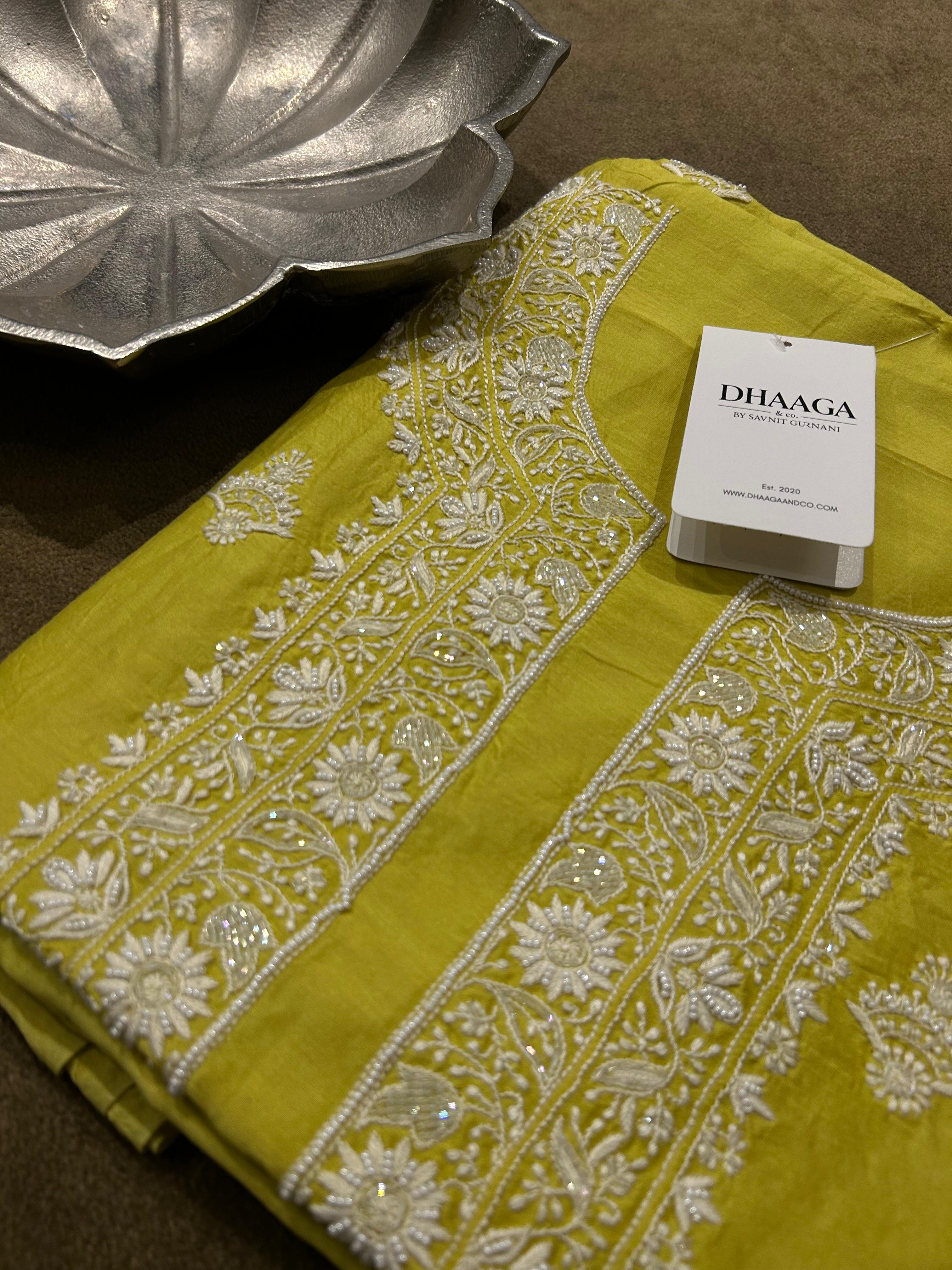 Lime Green Mens Chanderi Chikankari Kurta