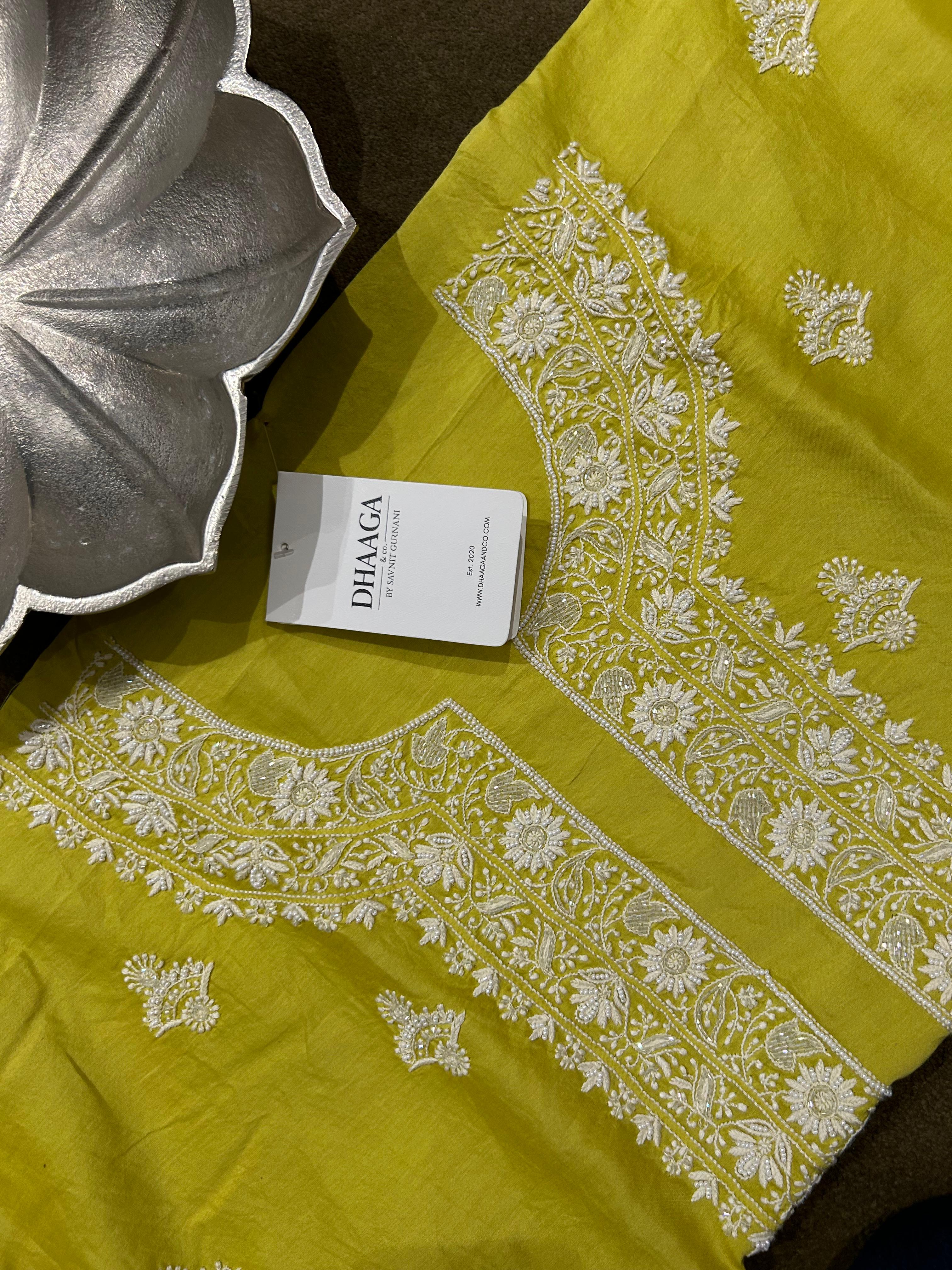 Lime Green Mens Chanderi Chikankari Kurta