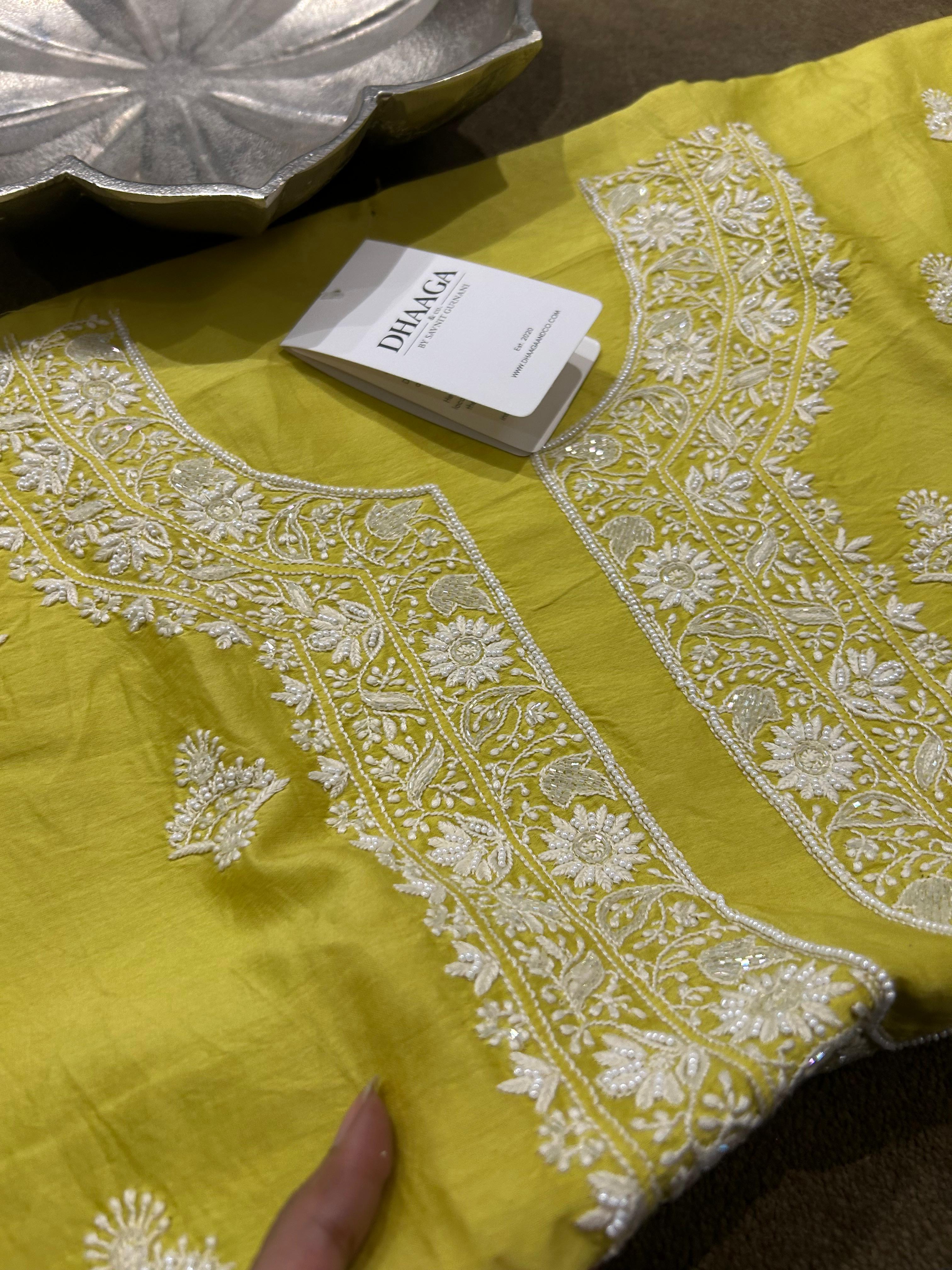 Lime Green Mens Chanderi Chikankari Kurta