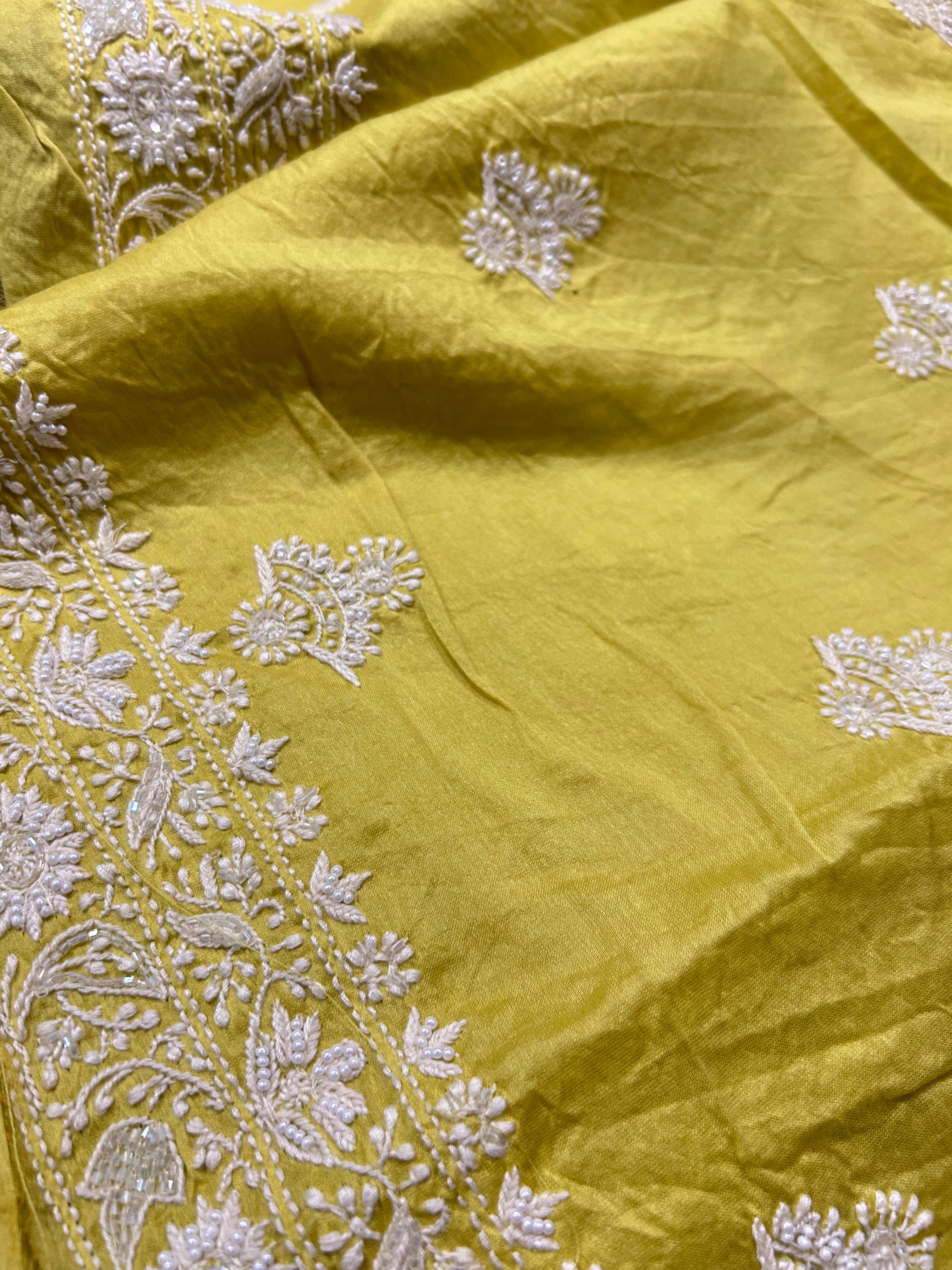 Lime Green Mens Chanderi Chikankari Kurta