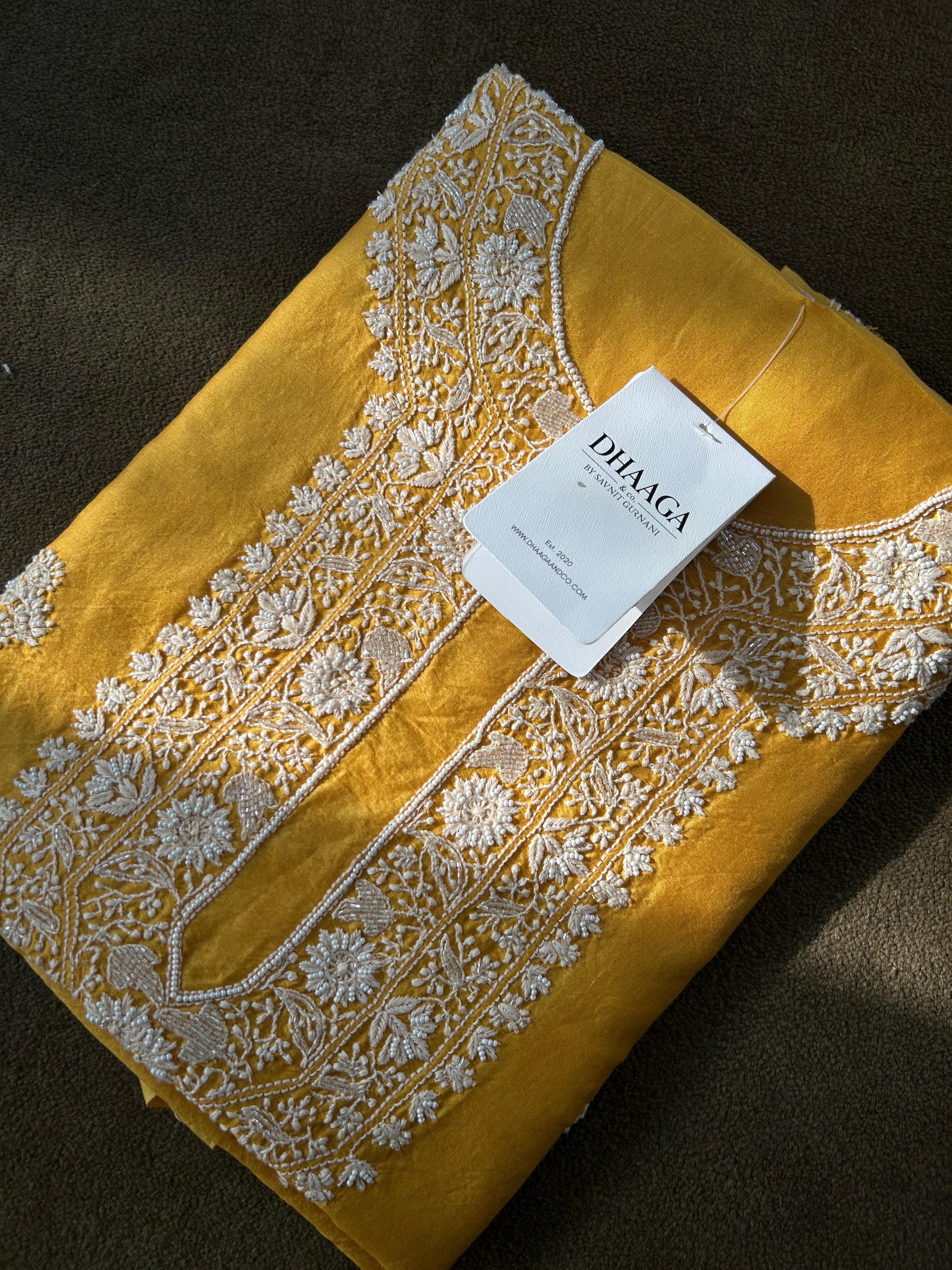 Mustard Mens Chanderi Chikankari Kurta