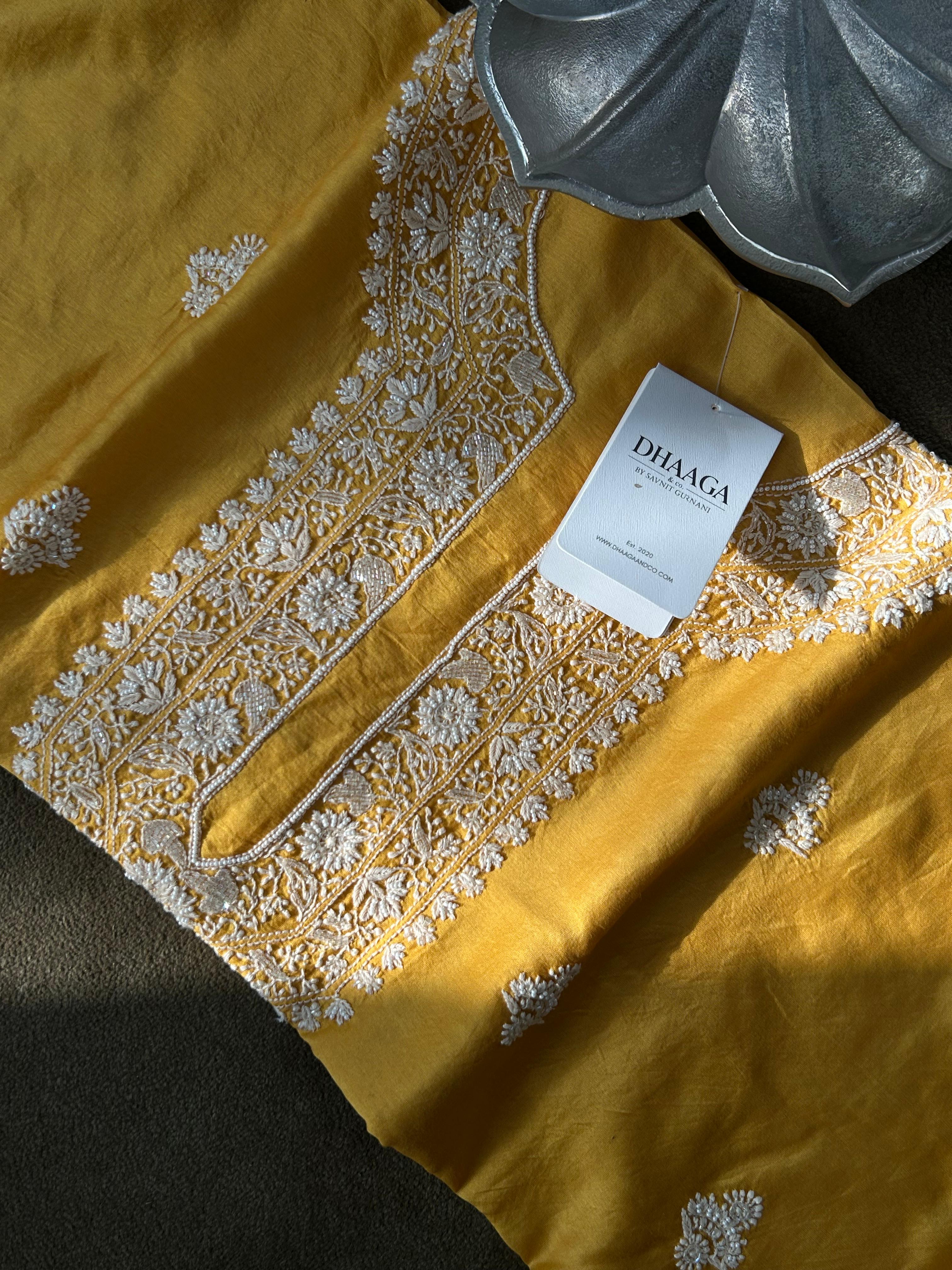 Mustard Mens Chanderi Chikankari Kurta