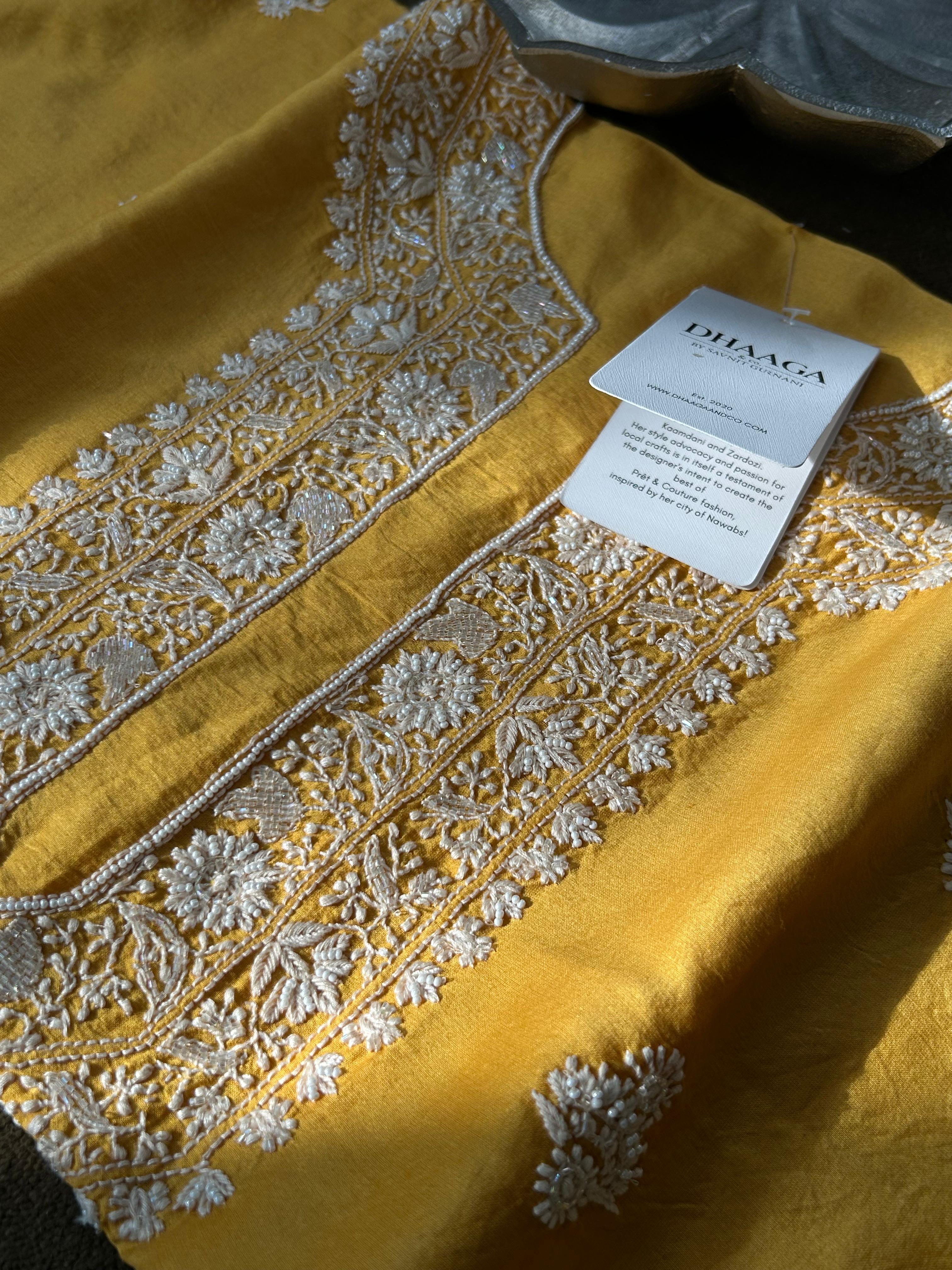 Mustard Mens Chanderi Chikankari Kurta