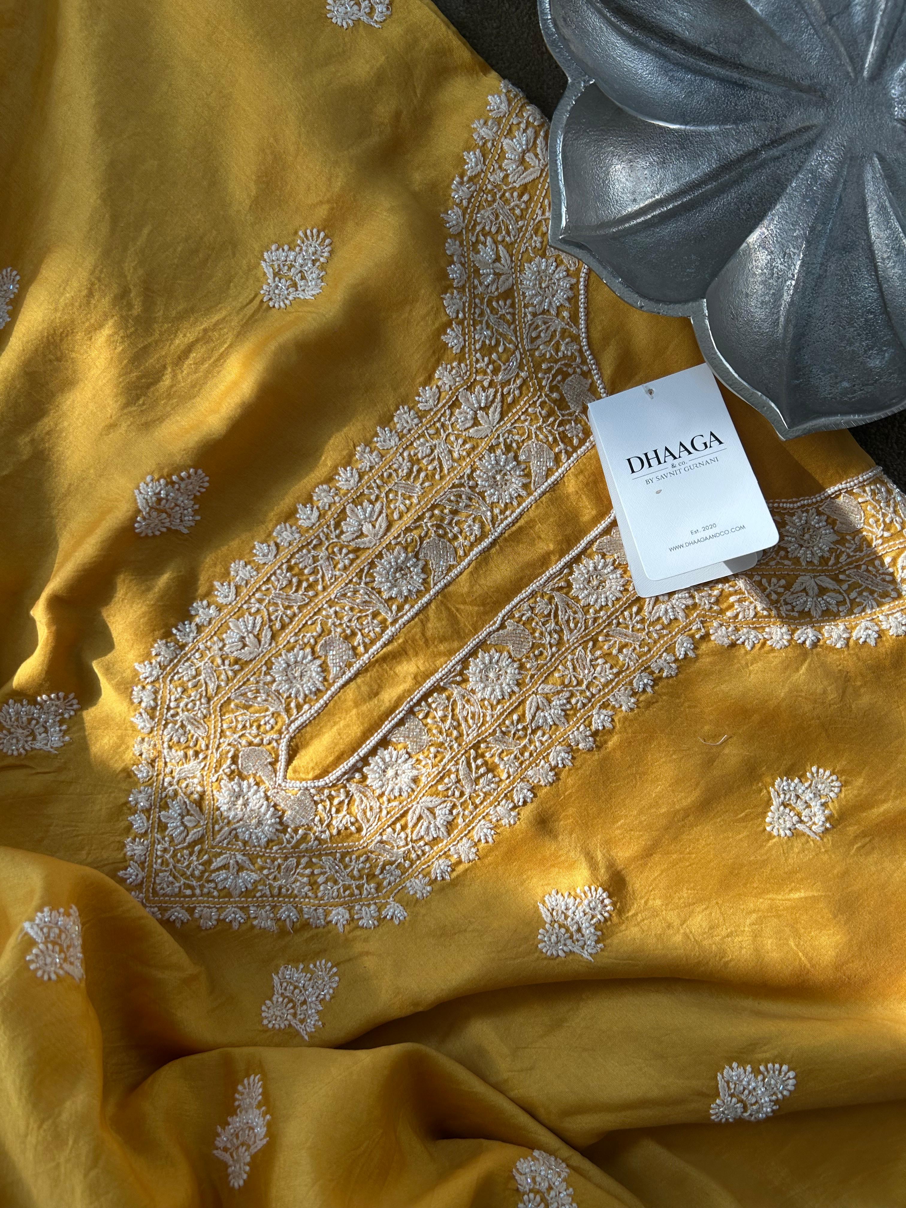 Mustard Mens Chanderi Chikankari Kurta