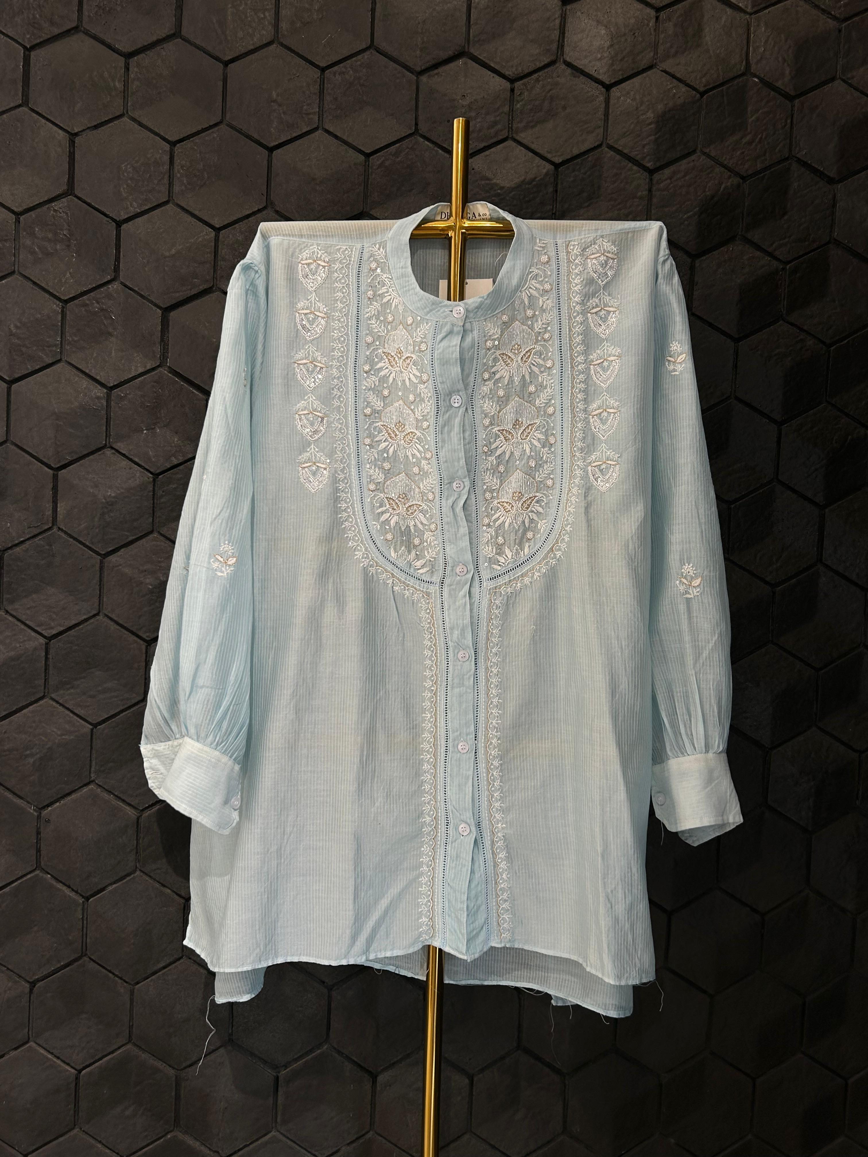 Sky Blue Maheshwari Chikankari Co - ord Set