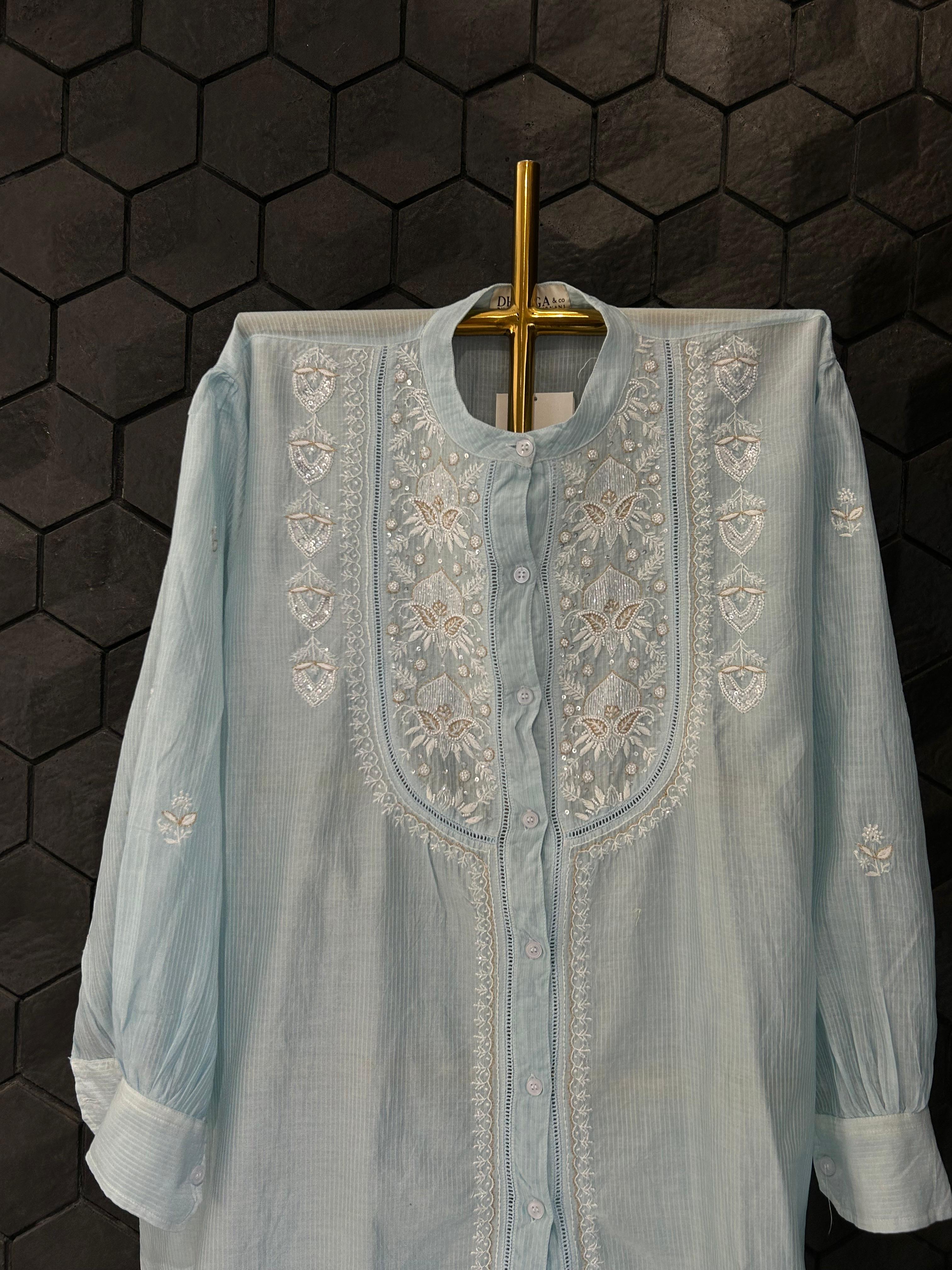 Sky Blue Maheshwari Chikankari Co - ord Set