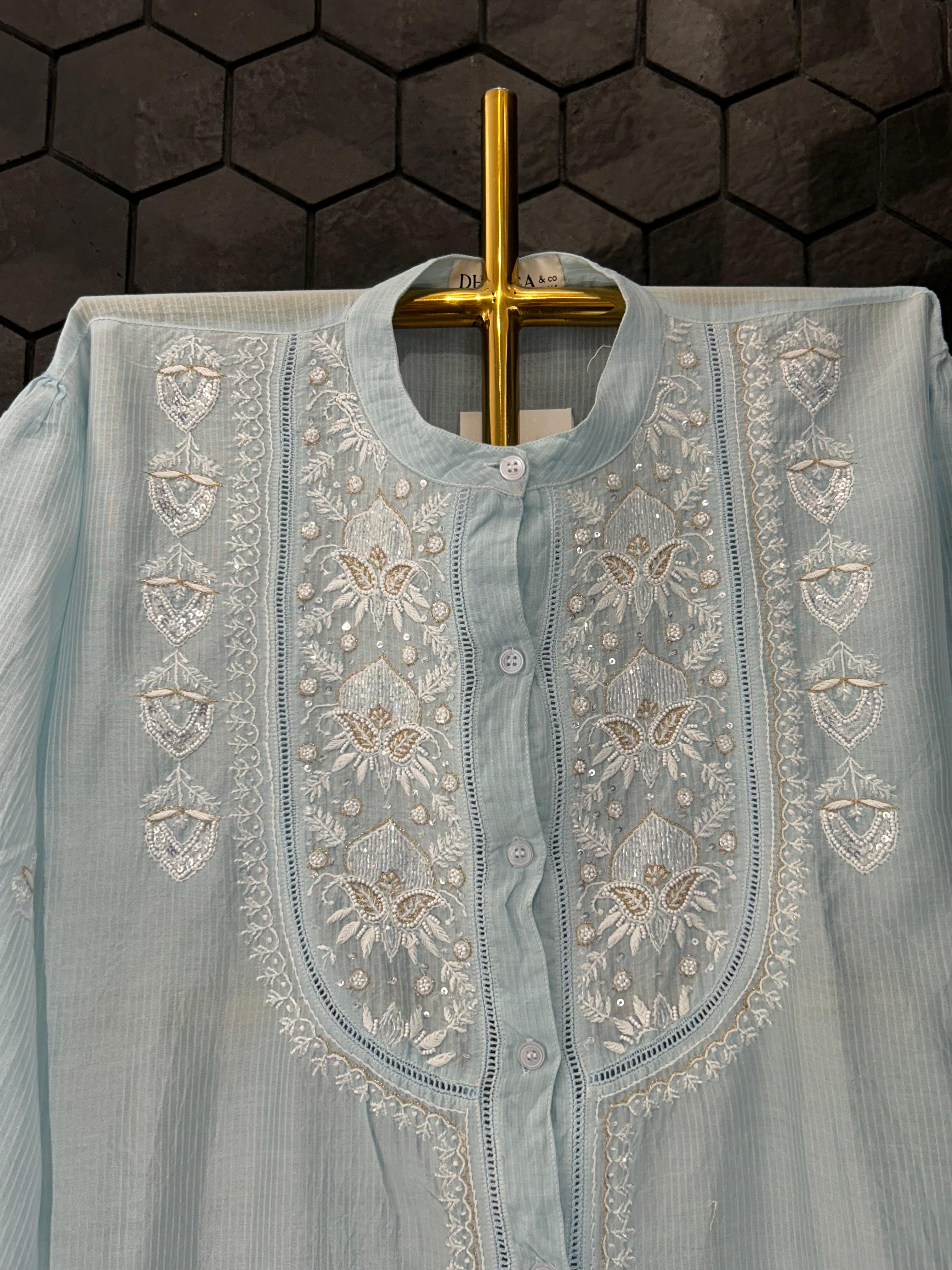 Sky Blue Maheshwari Chikankari Co - ord Set