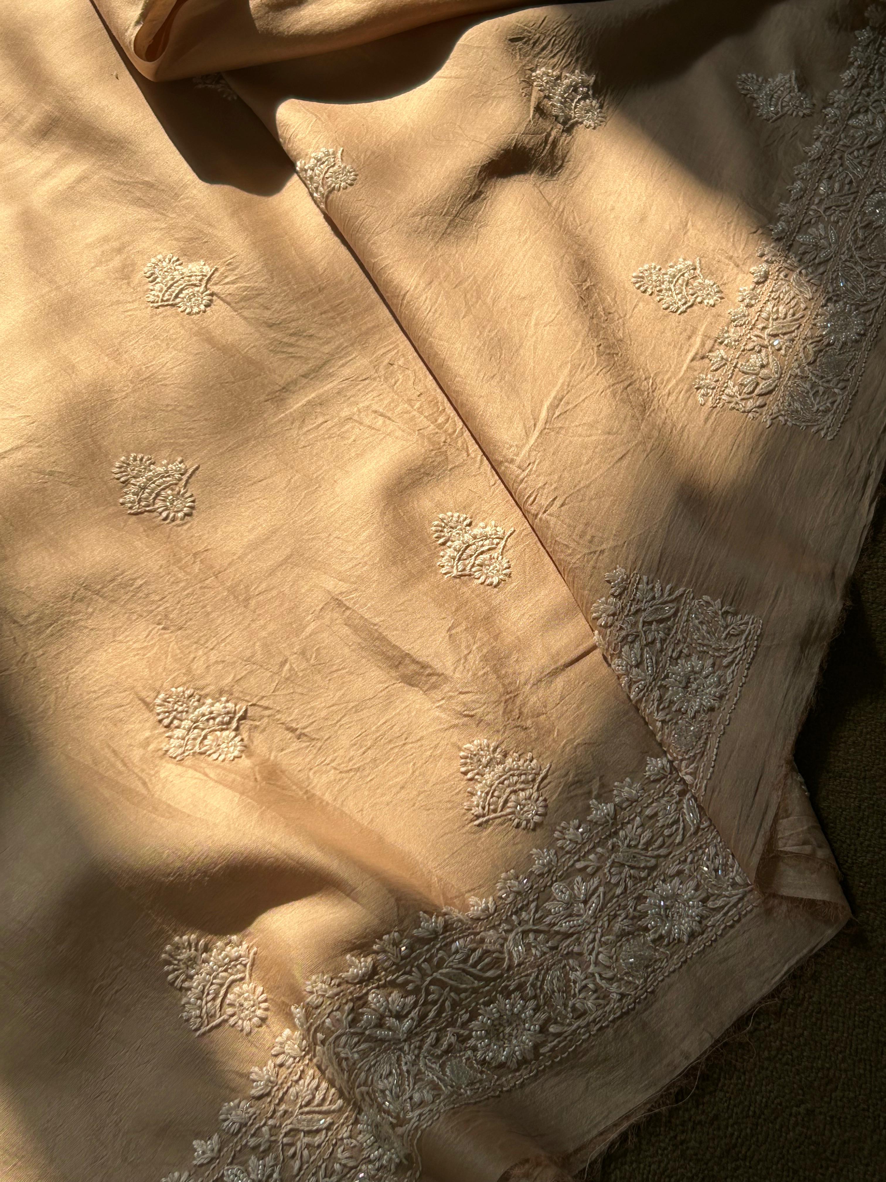 Brown Mens Chanderi Chikankari Kurta