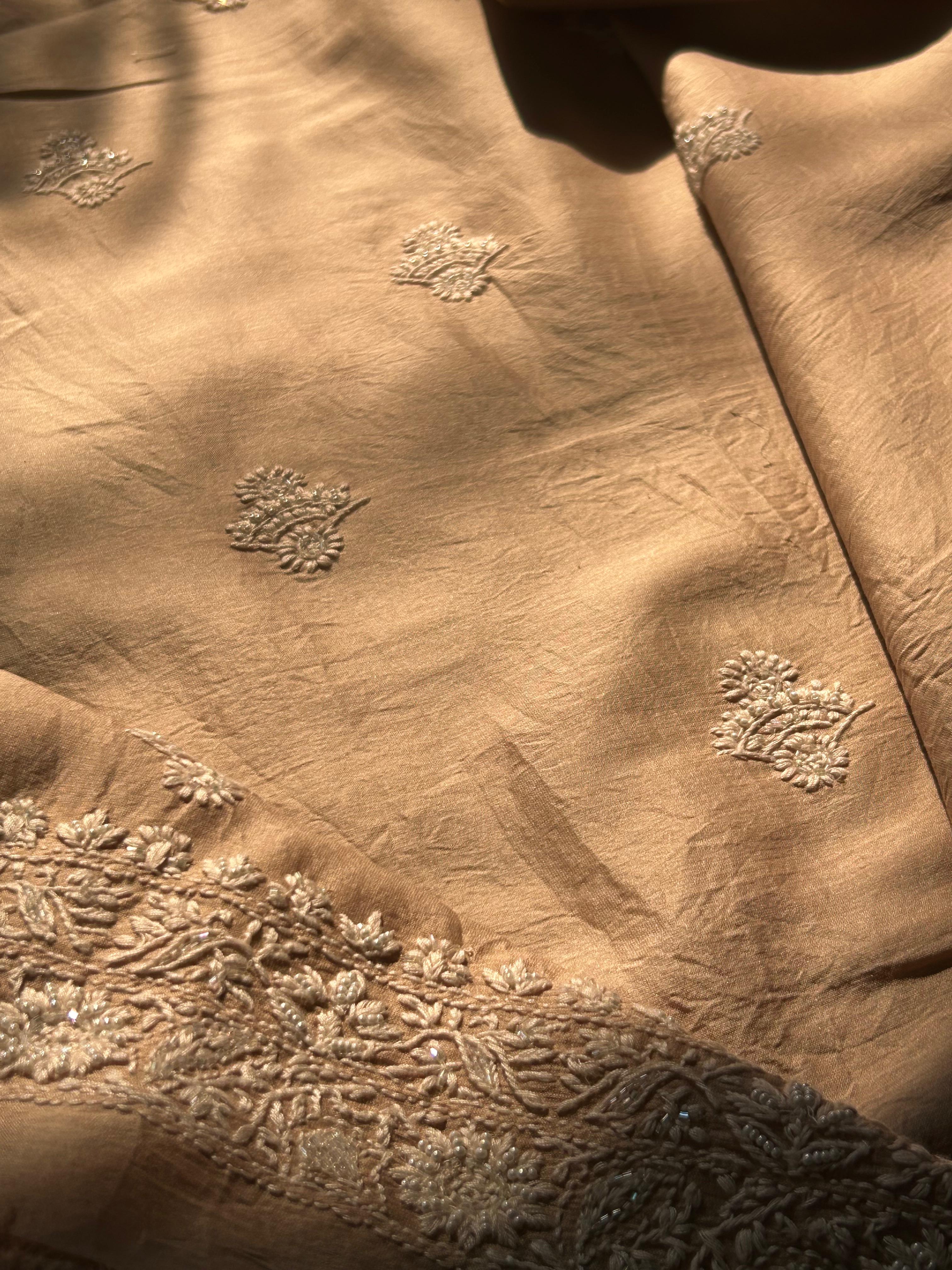 Brown Mens Chanderi Chikankari Kurta