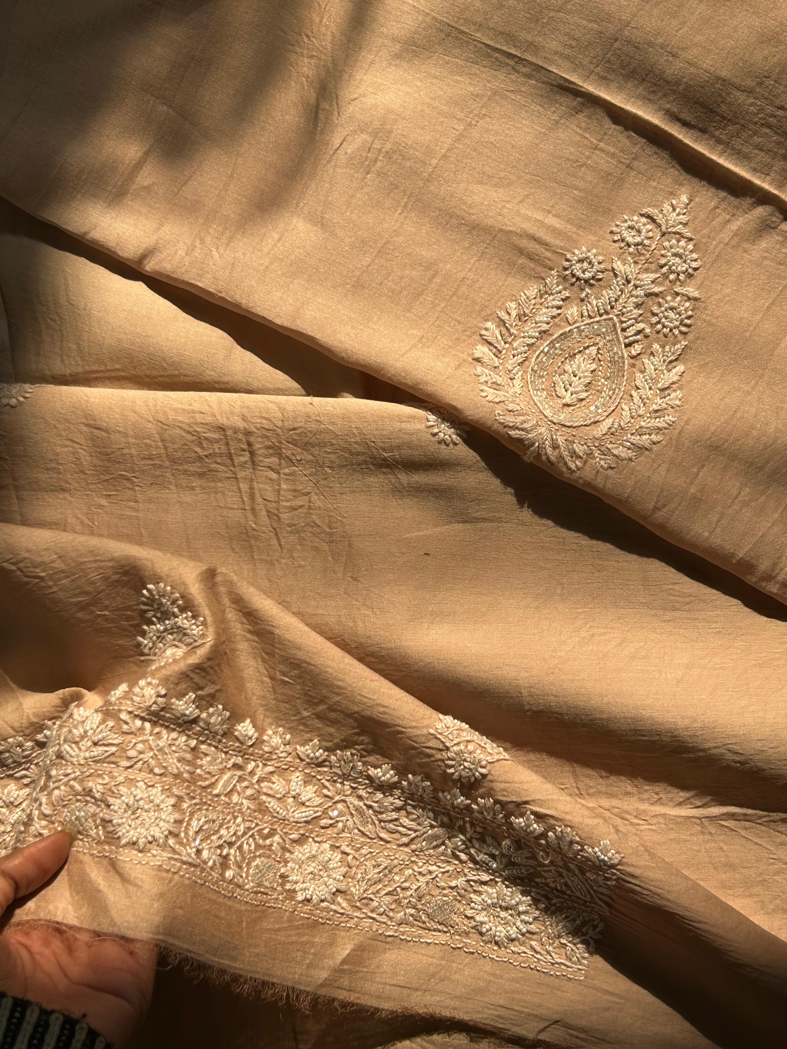 Brown Mens Chanderi Chikankari Kurta