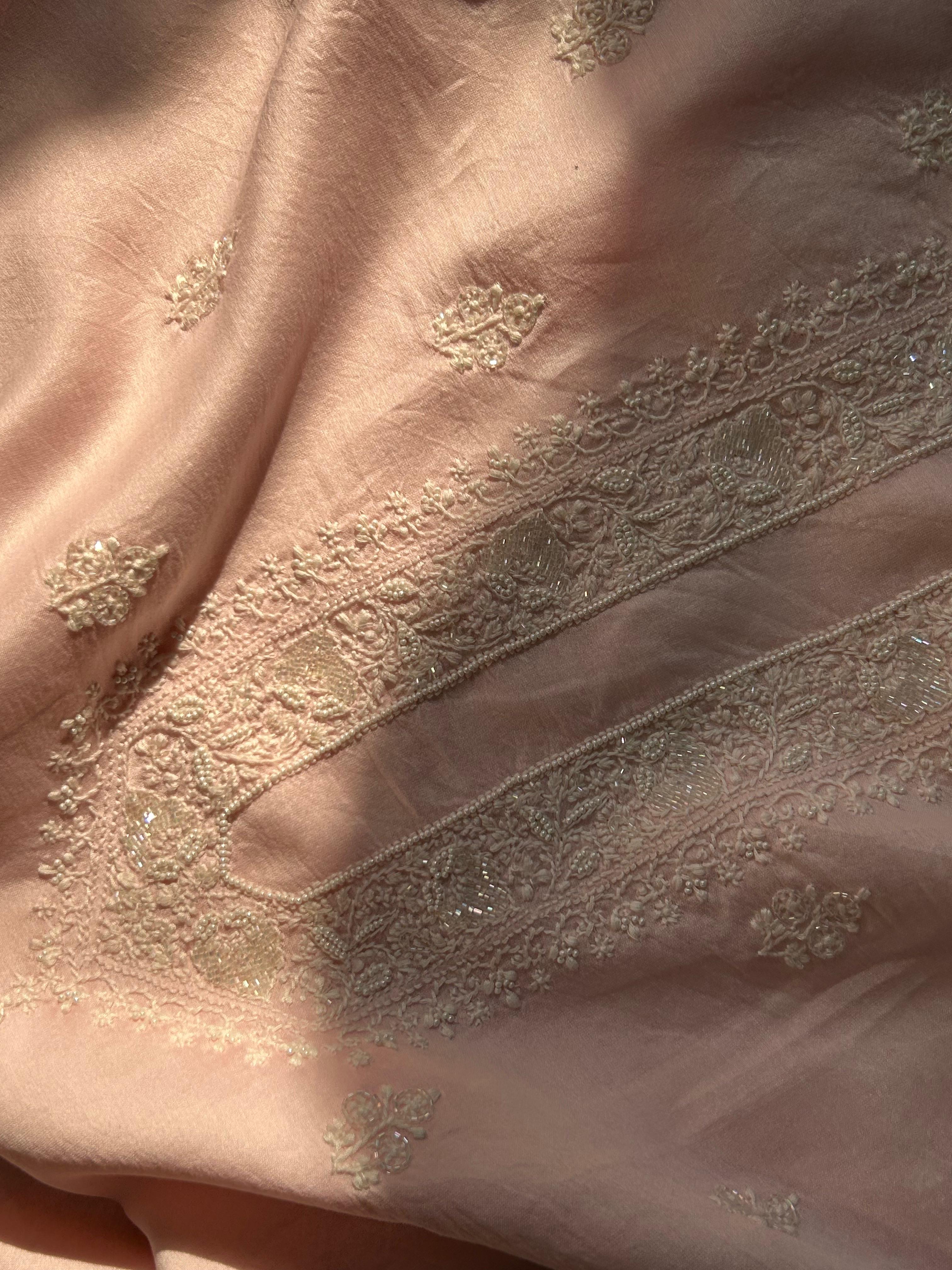 Pink Mens Chanderi Chikankari Kurta