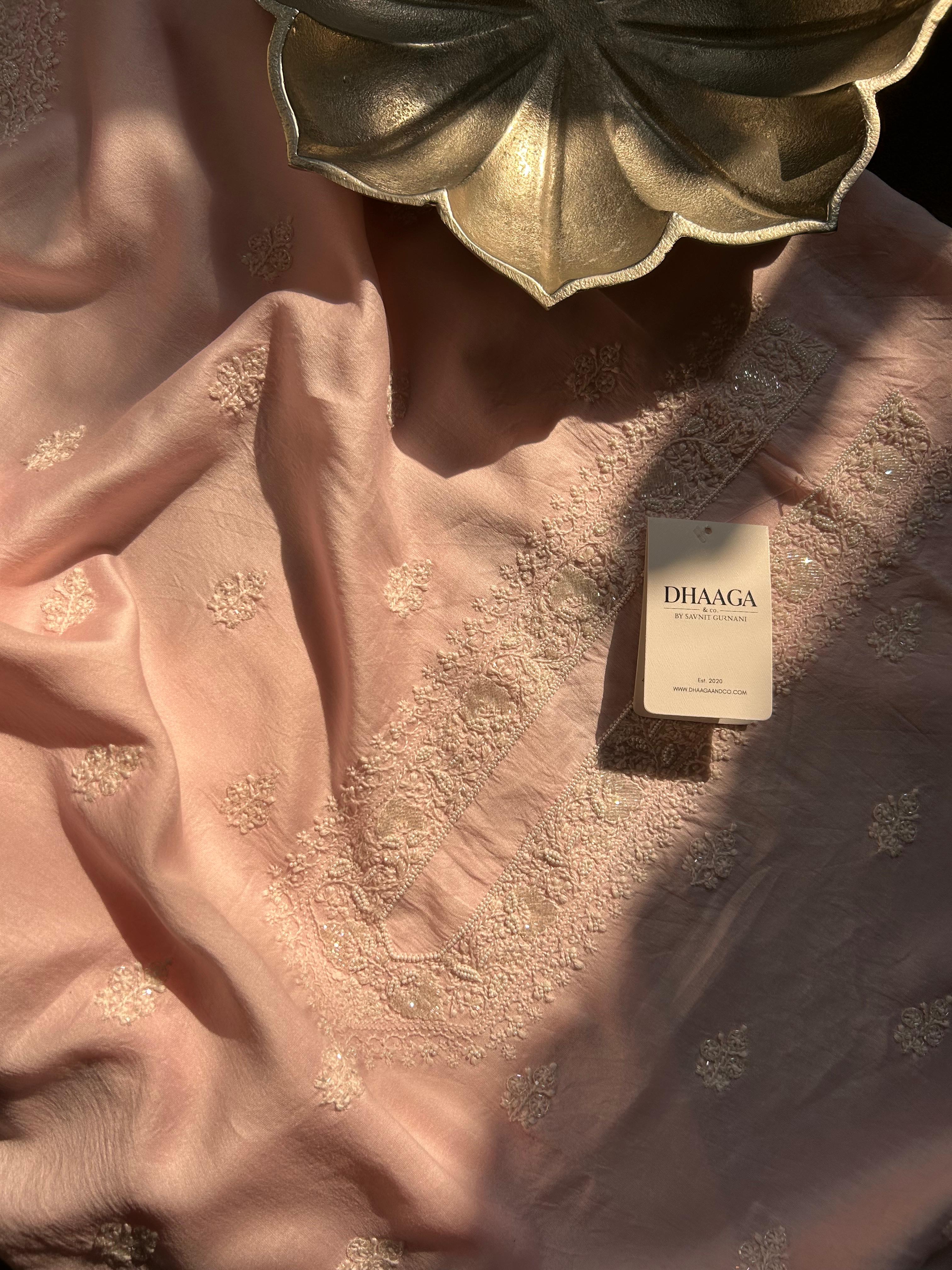 Pink Mens Chanderi Chikankari Kurta