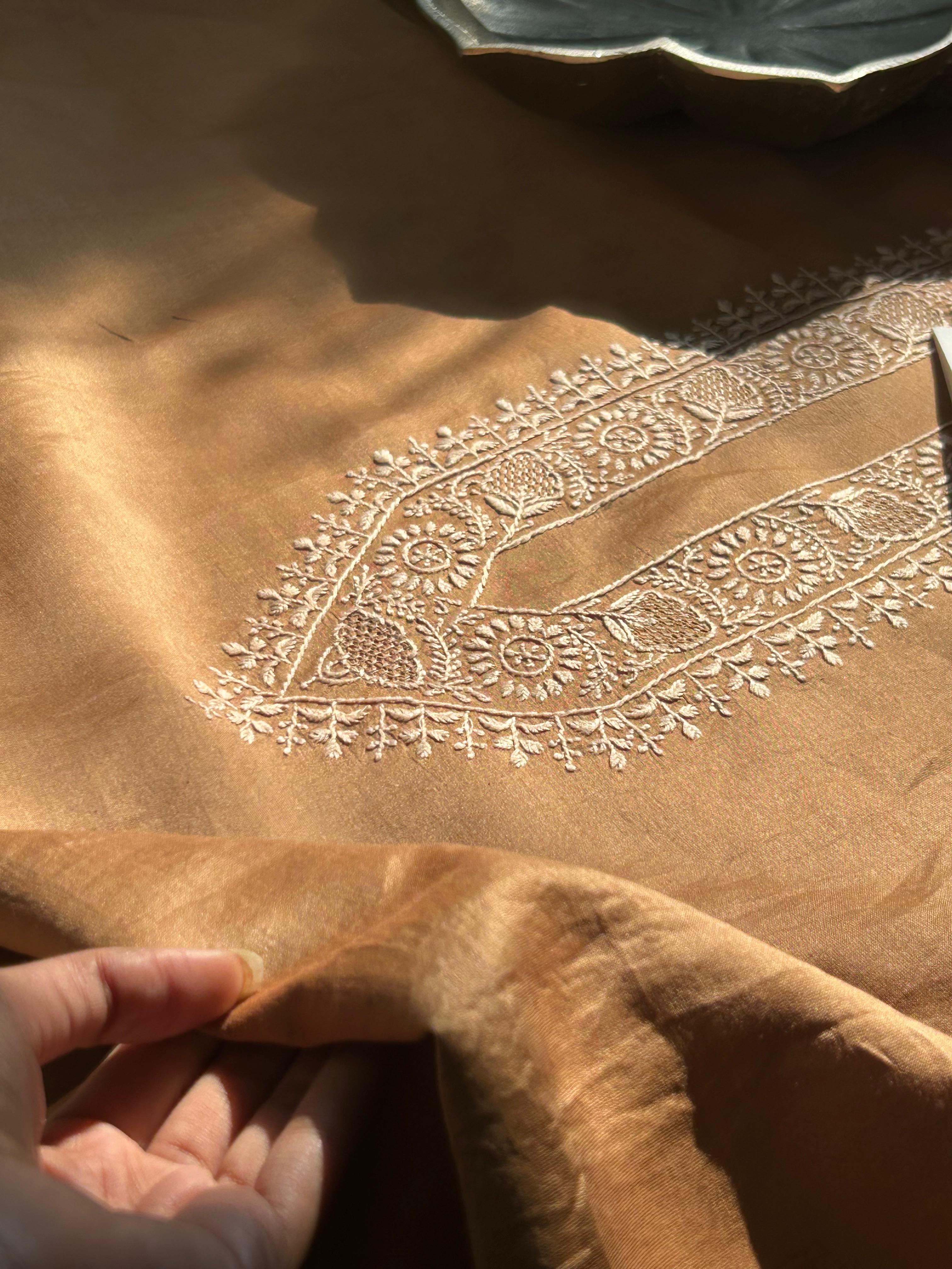 Brown Mens Chanderi Chikankari Kurta