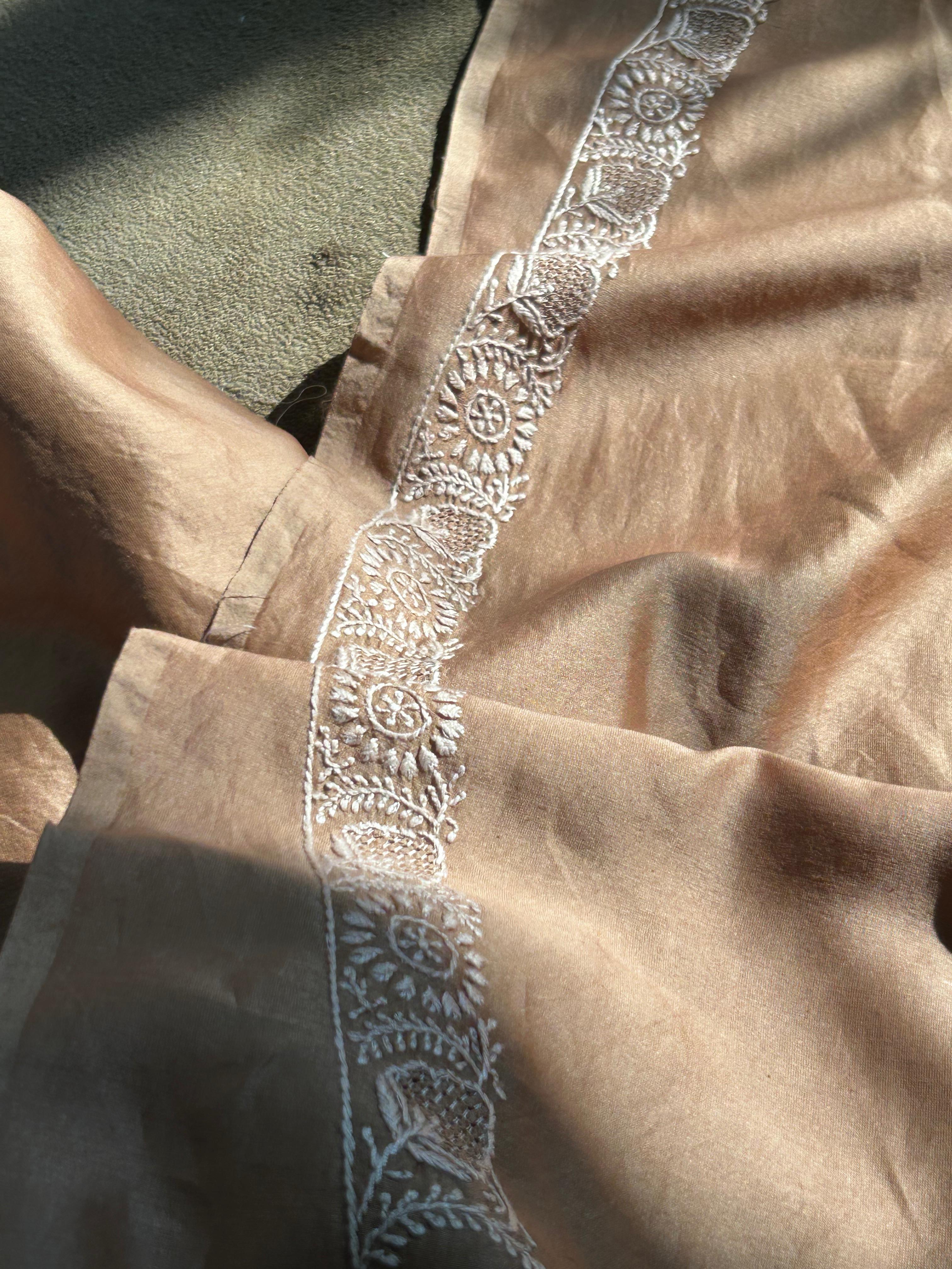 Brown Mens Chanderi Chikankari Kurta