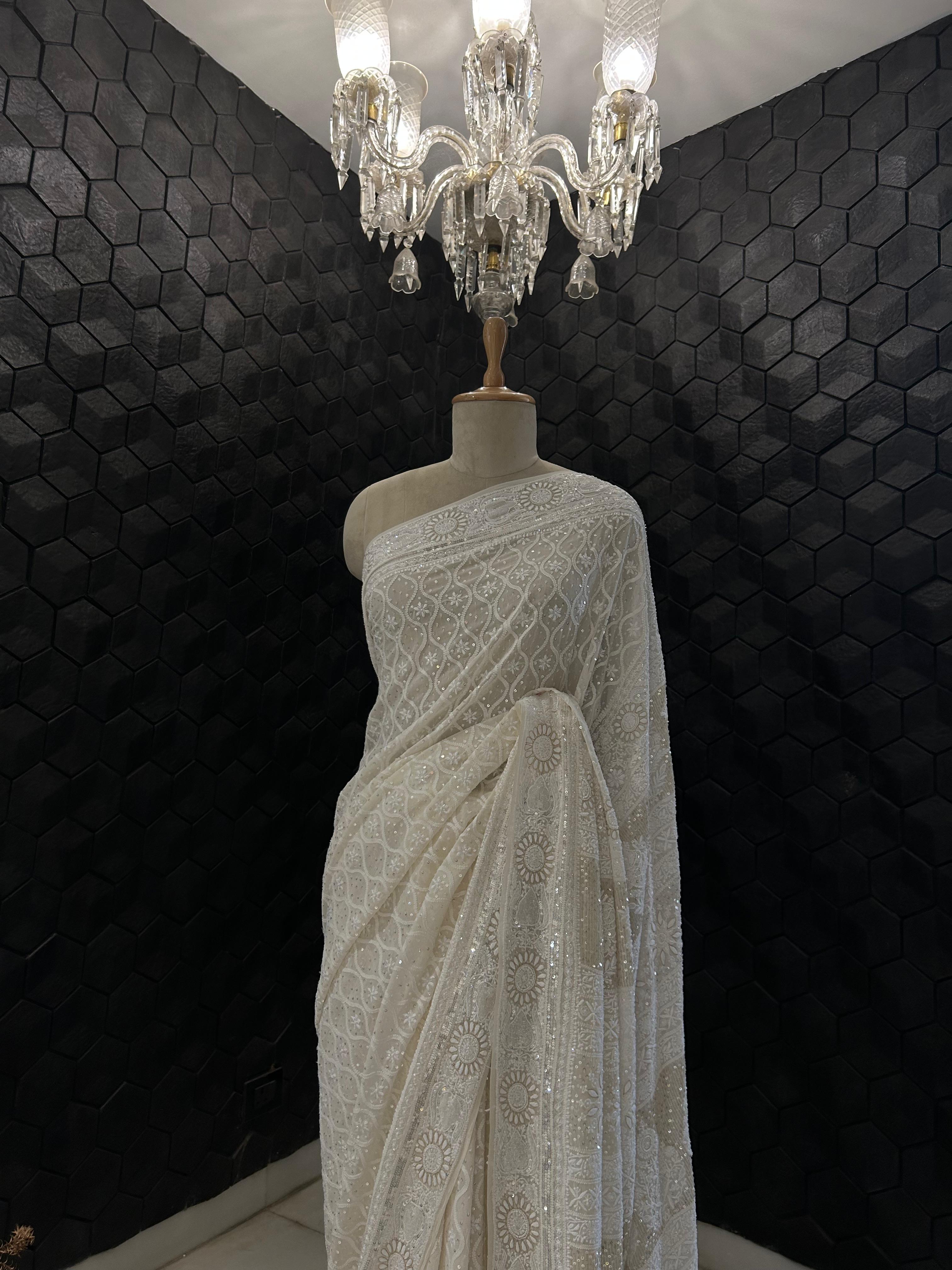 White Georgette Do-taar Chikankari Saree