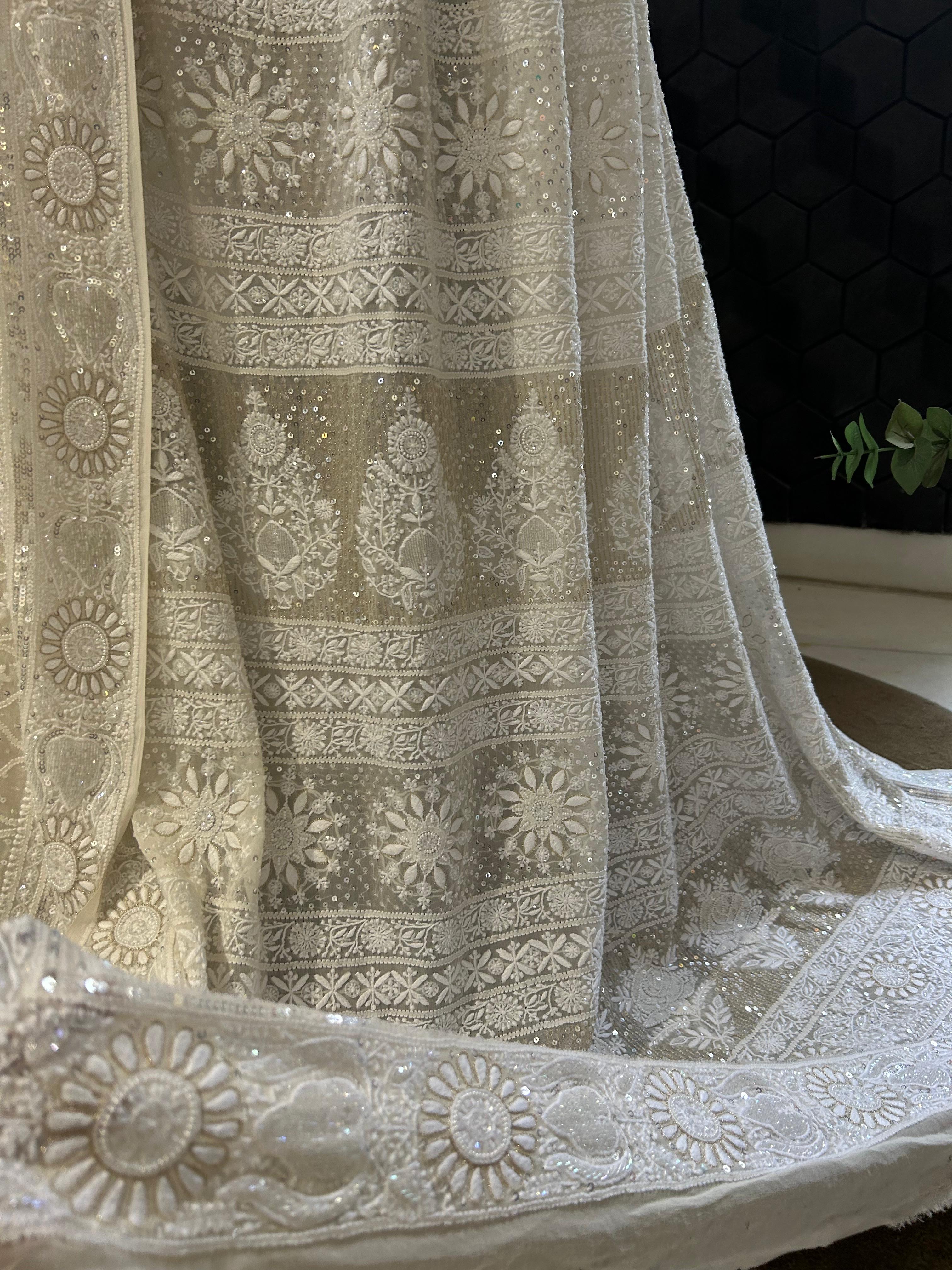 White Georgette Do-taar Chikankari Saree