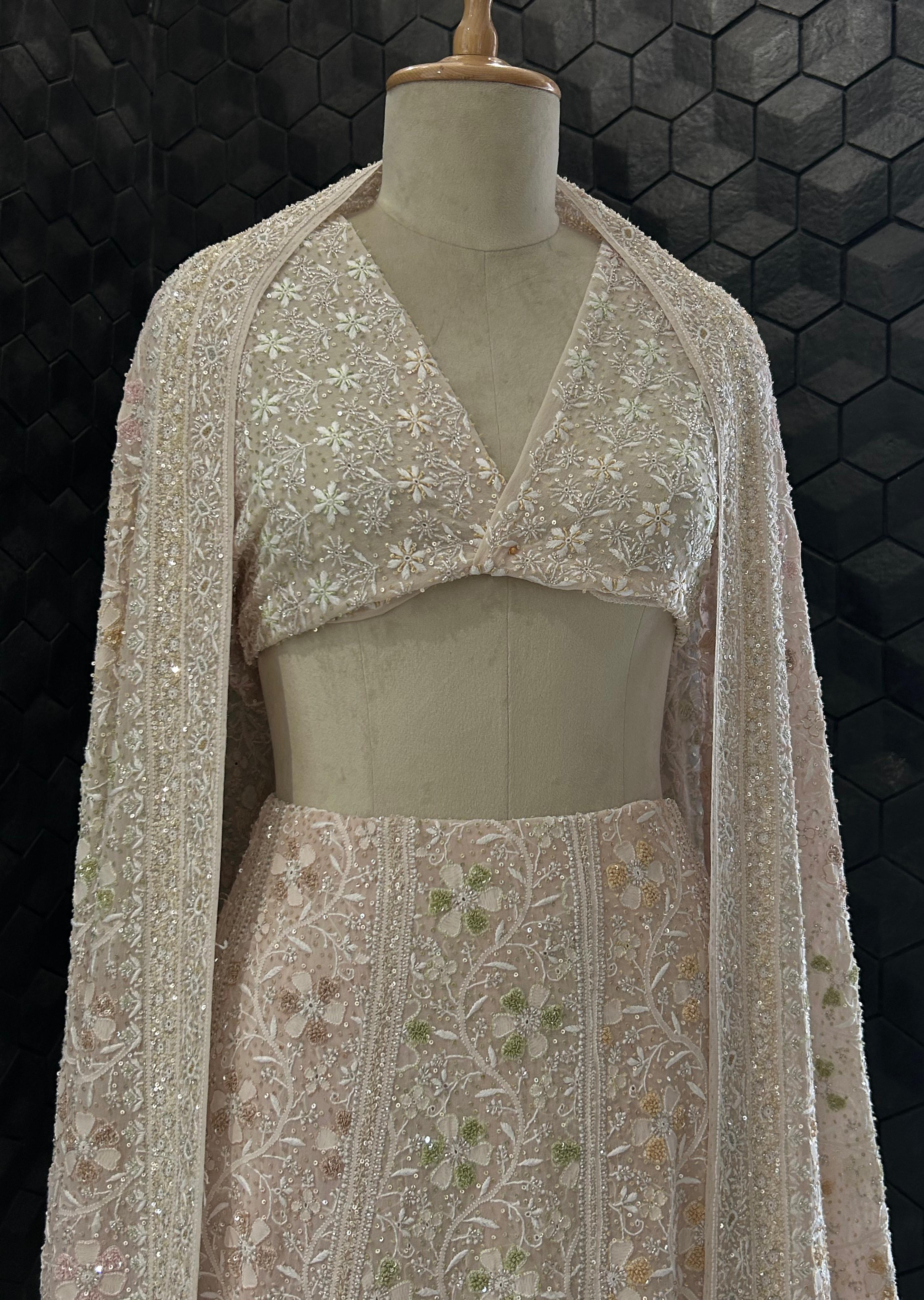 Peach Chikankari Georgette Premium Lehenga Set