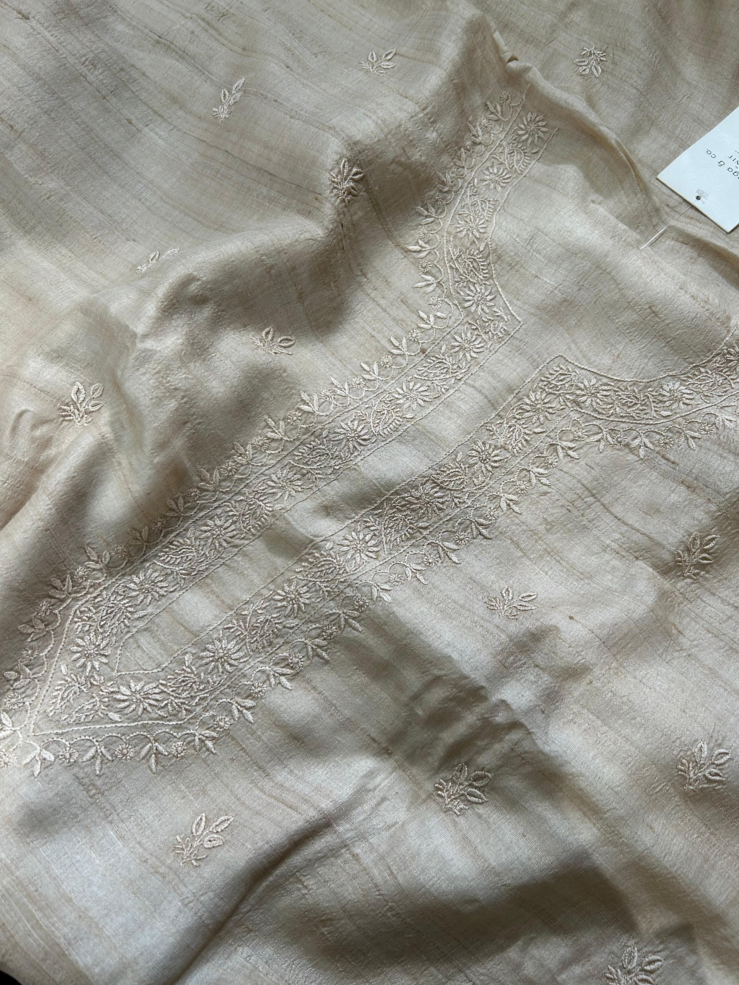 Beige Mens Tussar Chikankari Kurta