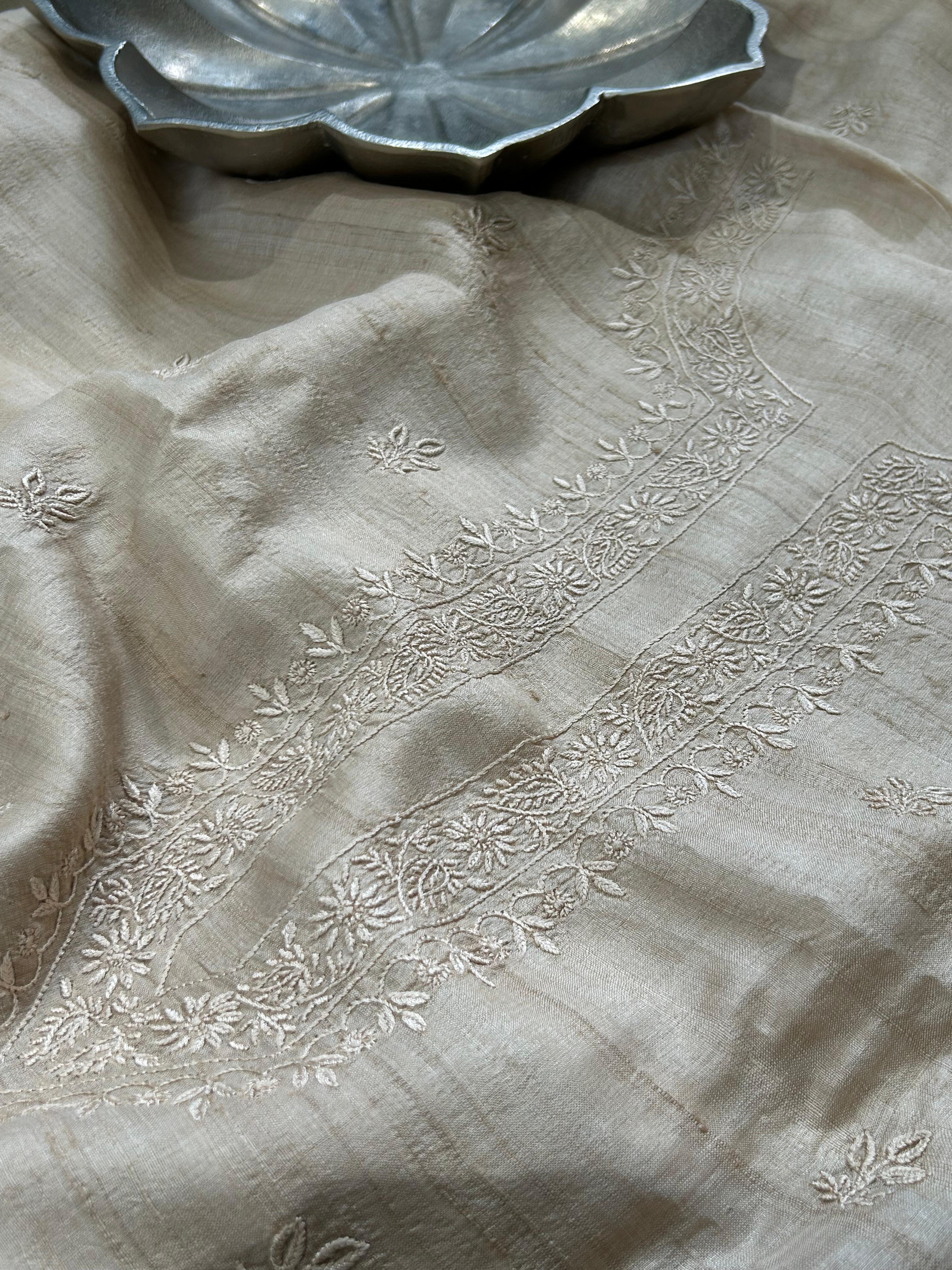 Beige Mens Tussar Chikankari Kurta