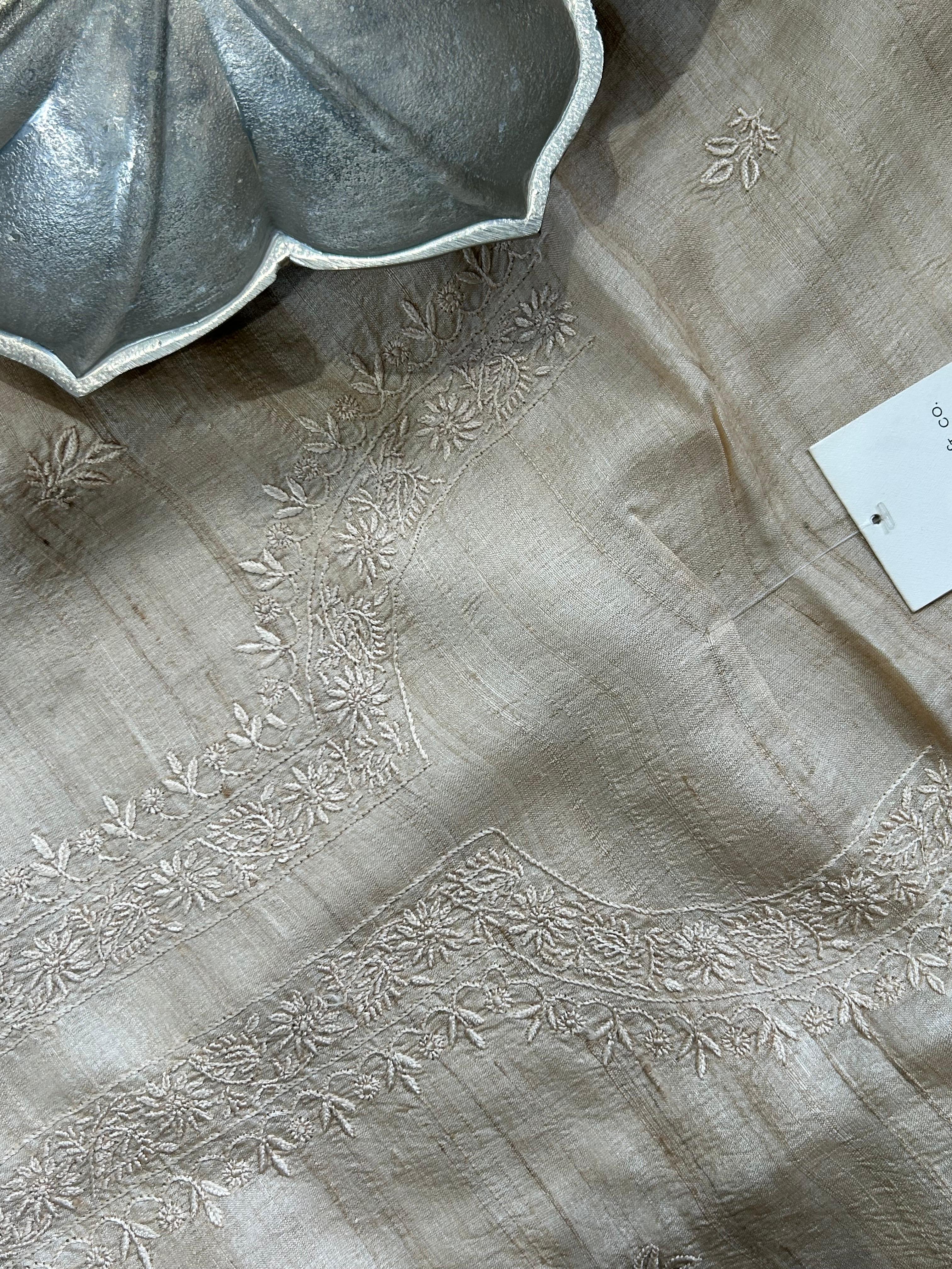 Beige Mens Tussar Chikankari Kurta